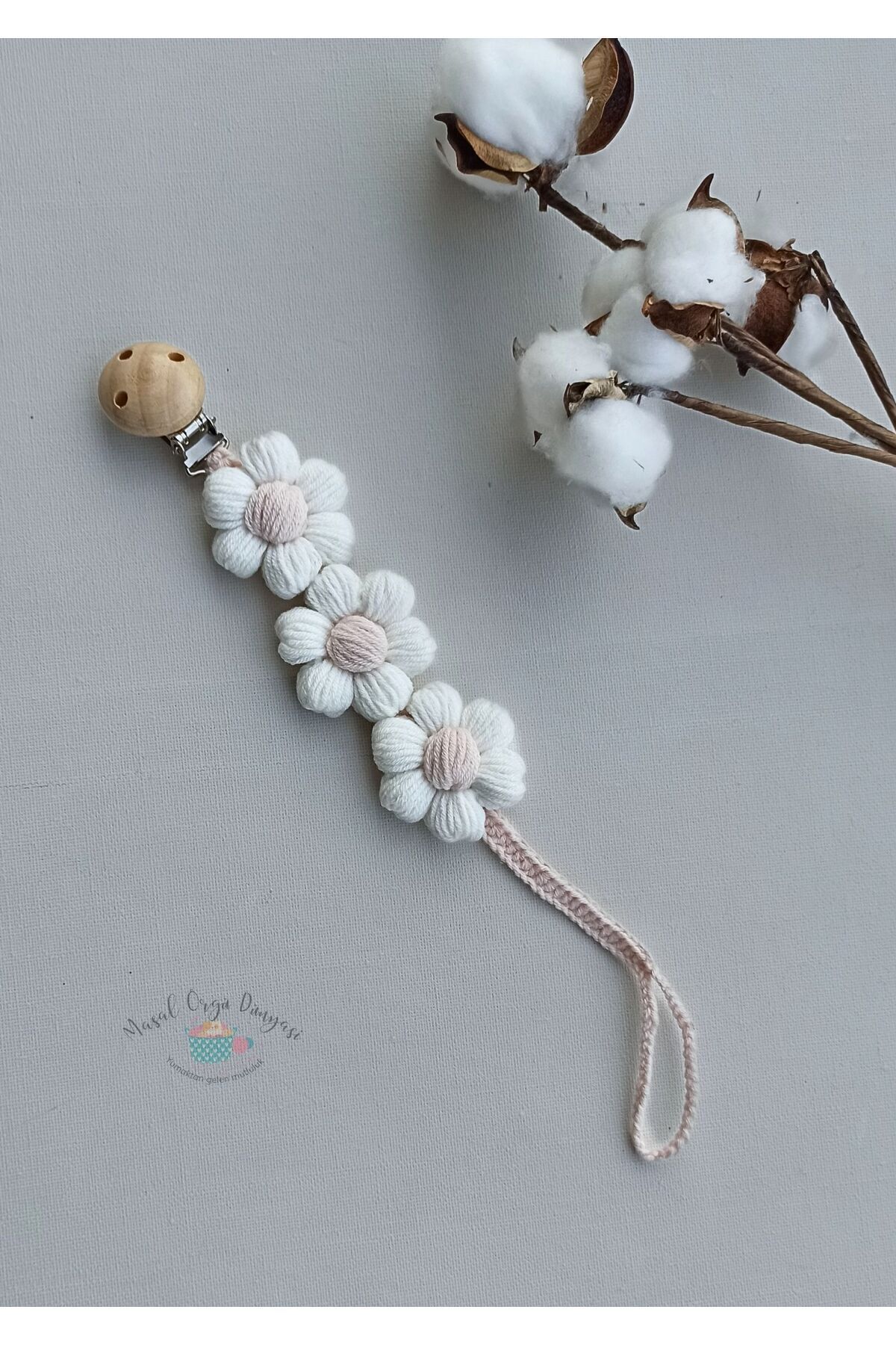 Masal Örgü Dünyası-Puf Papatyam Pacifier Strap/ Chain New Collection from Natural Strings 2