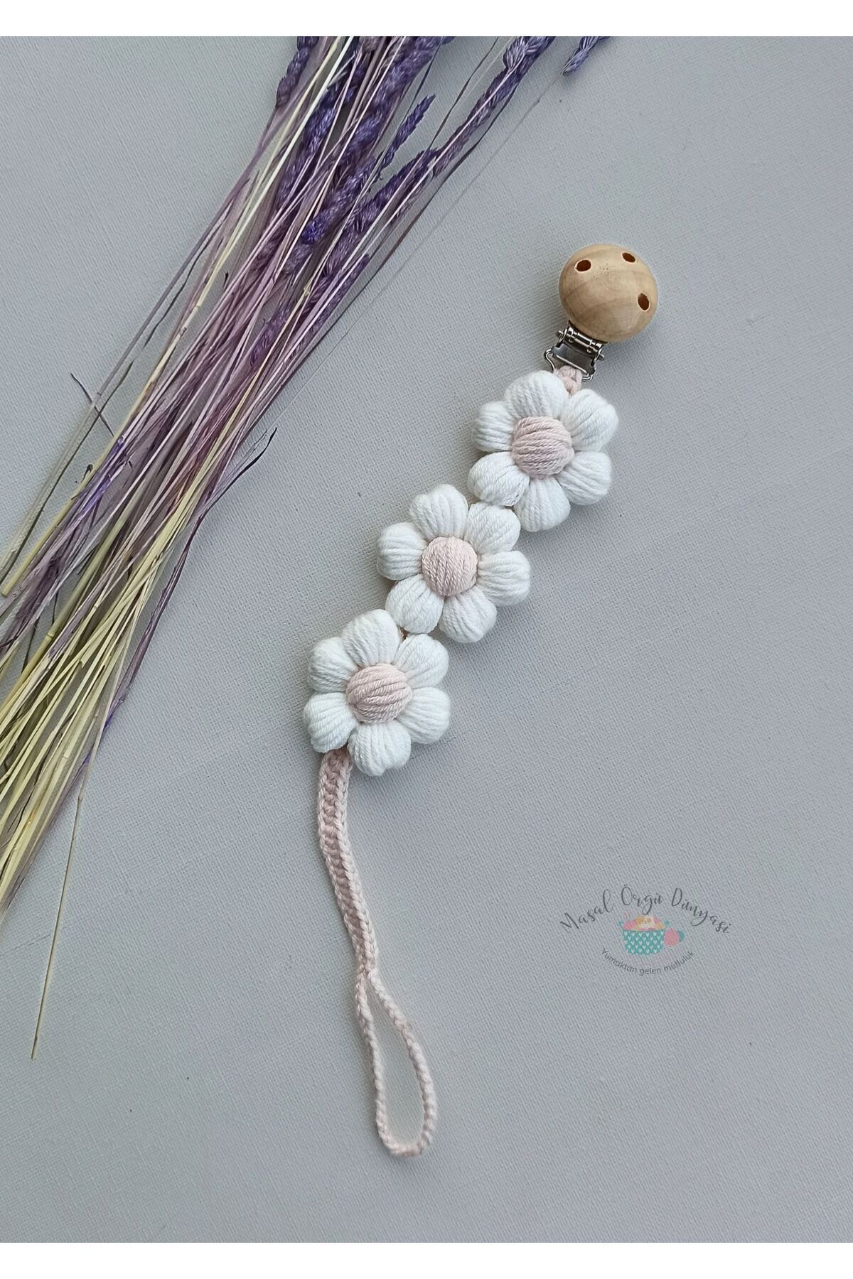 Masal Örgü Dünyası-Puf Papatyam Pacifier Strap/ Chain New Collection from Natural Strings 3