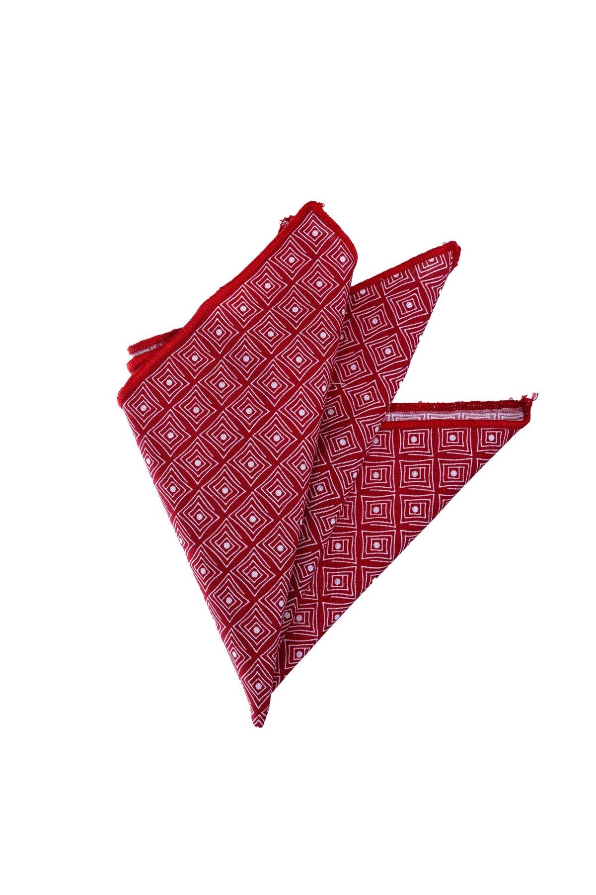 Exve Exclusive Kırmızı Beyaz Kare Geometrik Desen Dijital Baskılı Pamuk Cep Yaka Mendili