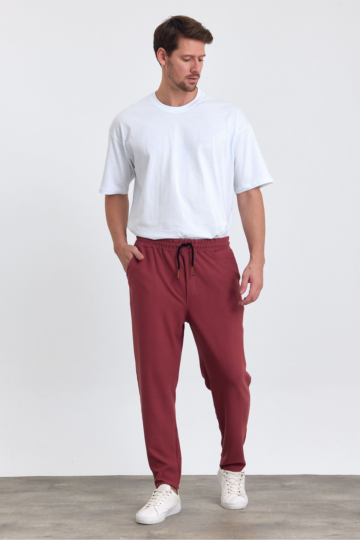 COMBİNE MİCHAİL-Men's Jogger Pants - Lacos Pattern, Cotton, Elastic Waist and Drawstring, Claret Red 6