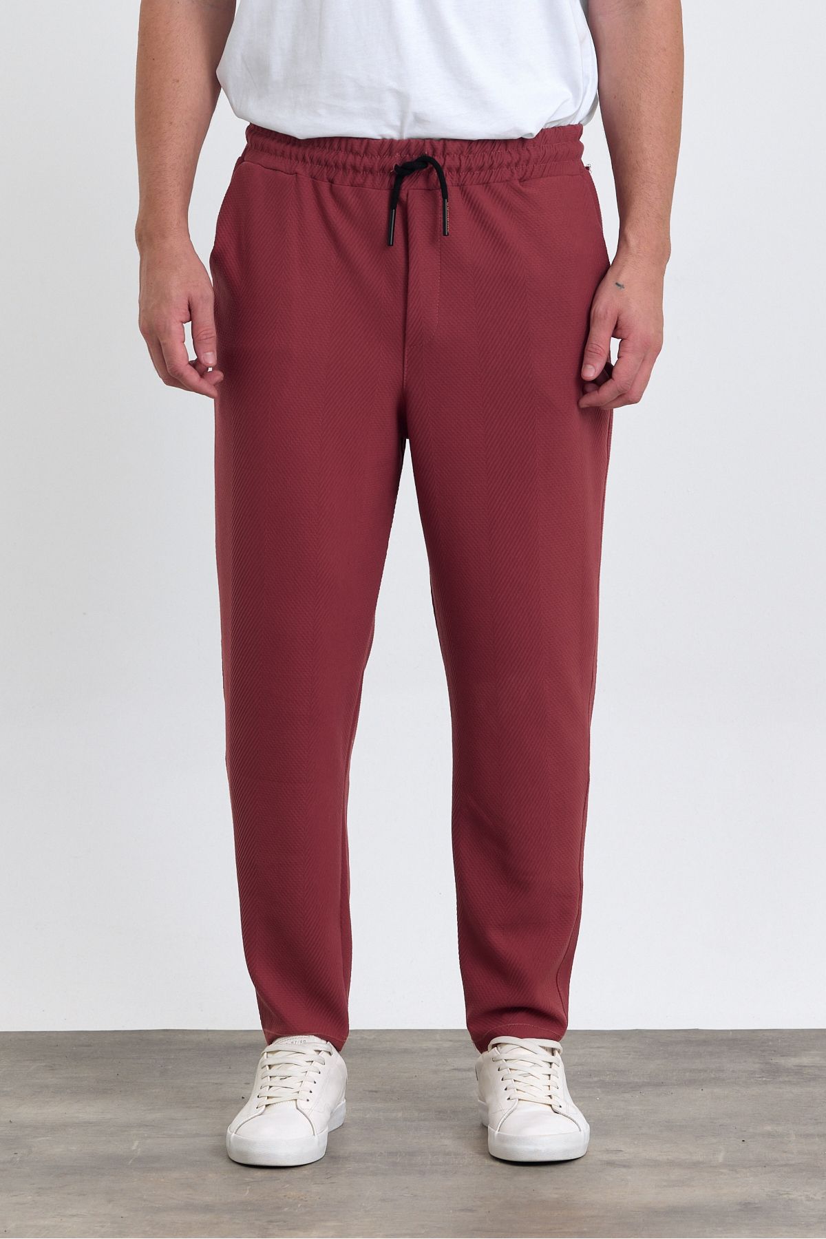 COMBİNE MİCHAİL-Men's Jogger Pants - Lacos Pattern, Cotton, Elastic Waist and Drawstring, Claret Red 1