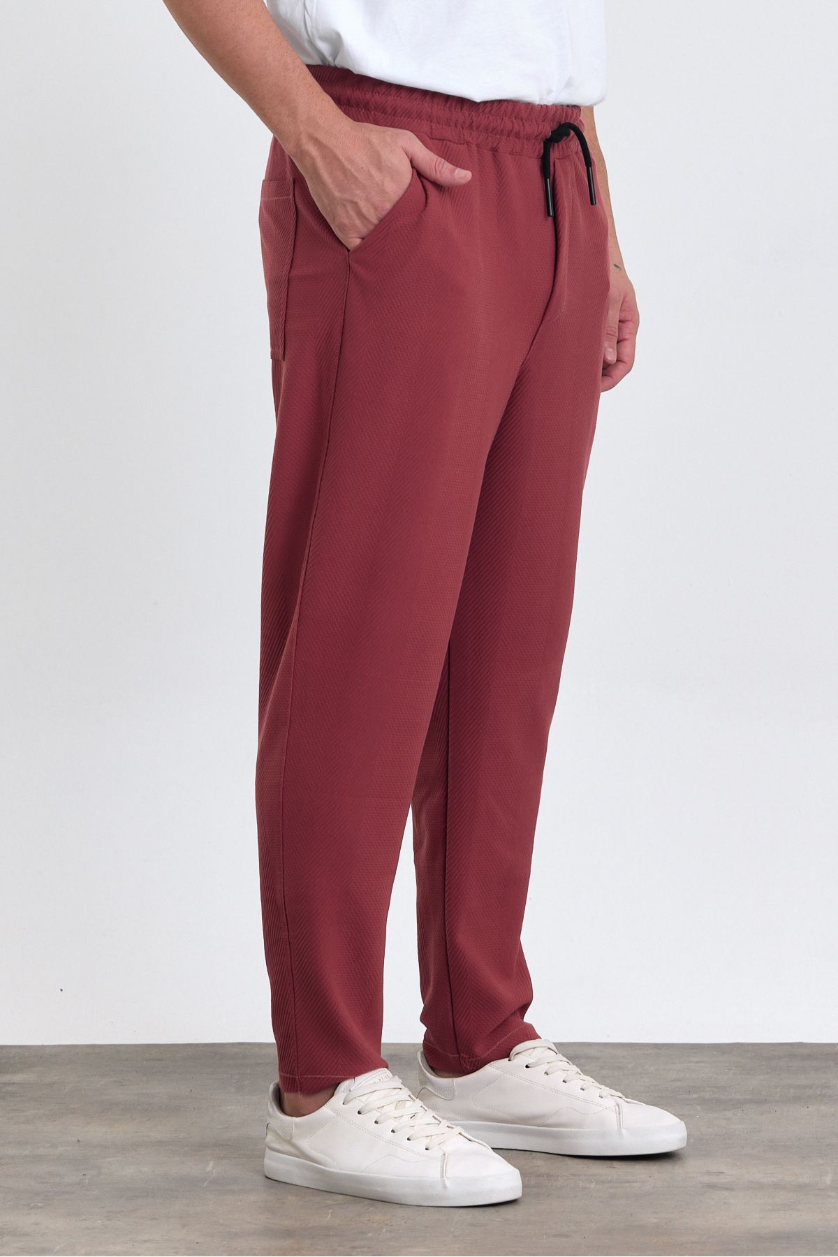 COMBİNE MİCHAİL-Men's Jogger Pants - Lacos Pattern, Cotton, Elastic Waist and Drawstring, Claret Red 3