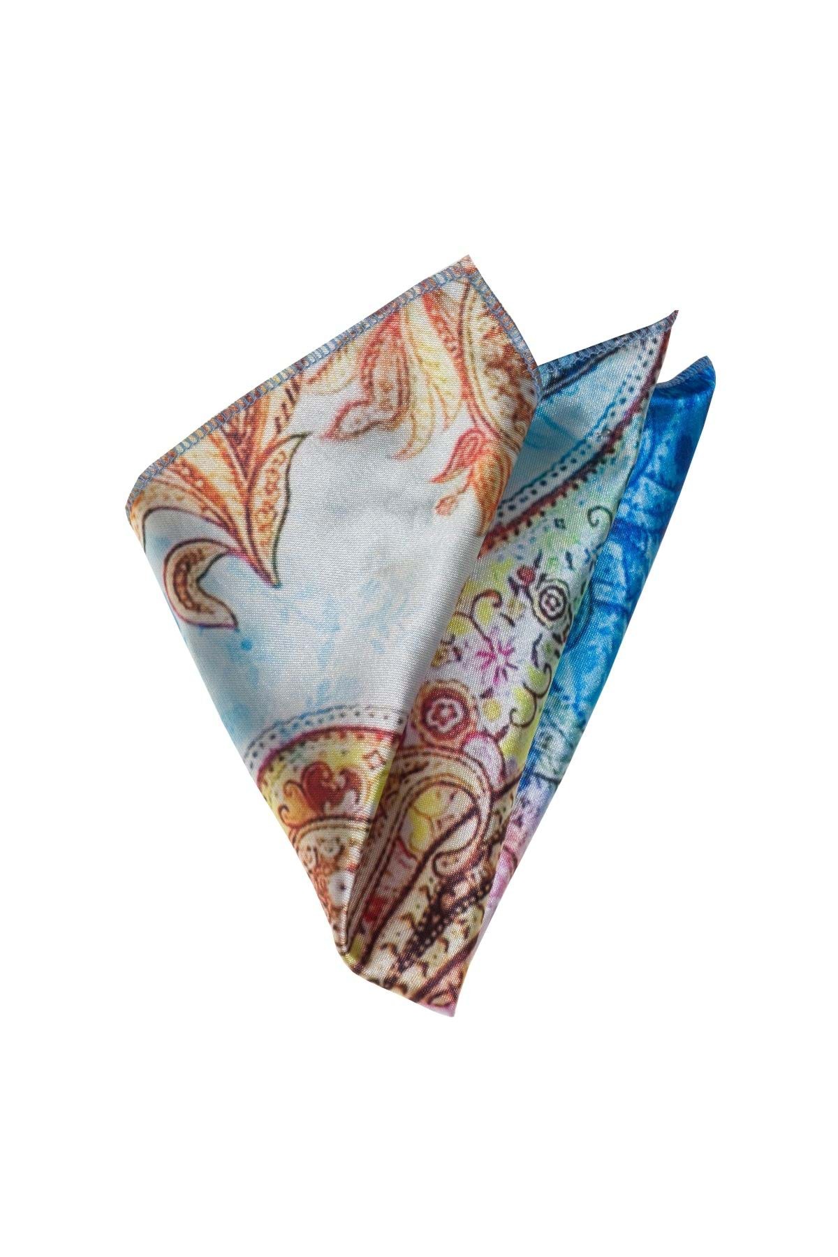 Exve Exclusive Mor Mavi Şal Desen Baskılı Yaka Mendili