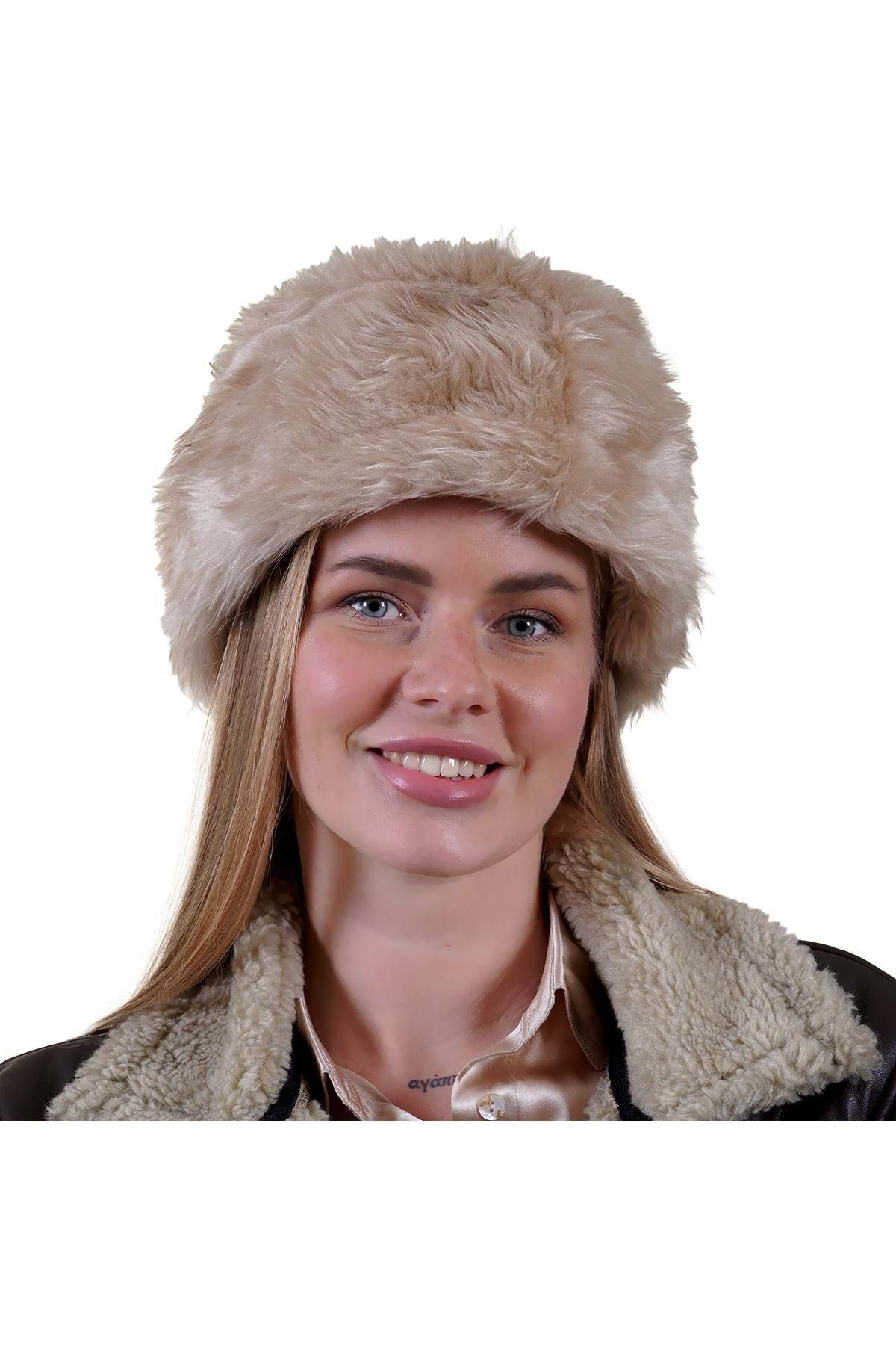 Exve Exclusive-Black Beige Full Fur Inside Winter Warm Pu Leather Women's Börk Hat 1