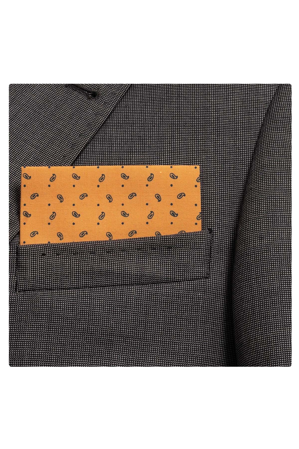 Exve Exclusive Sarı Lacivert Şal Desenli Katlanmış Kullanıma Hazır Cep Mendili