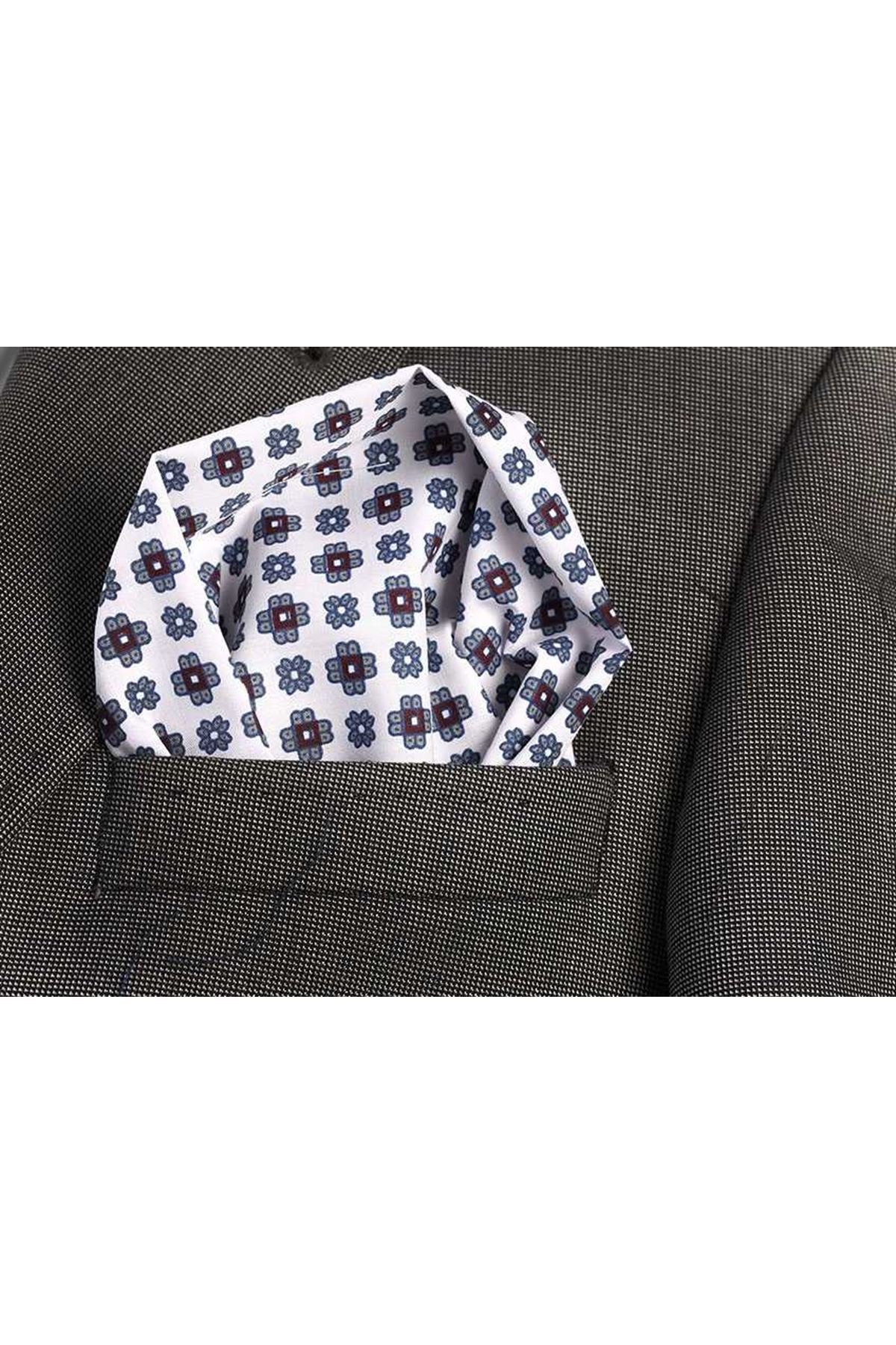 Exve Exclusive Beyaz Çiçek Baskılı Cep Yaka Mendili