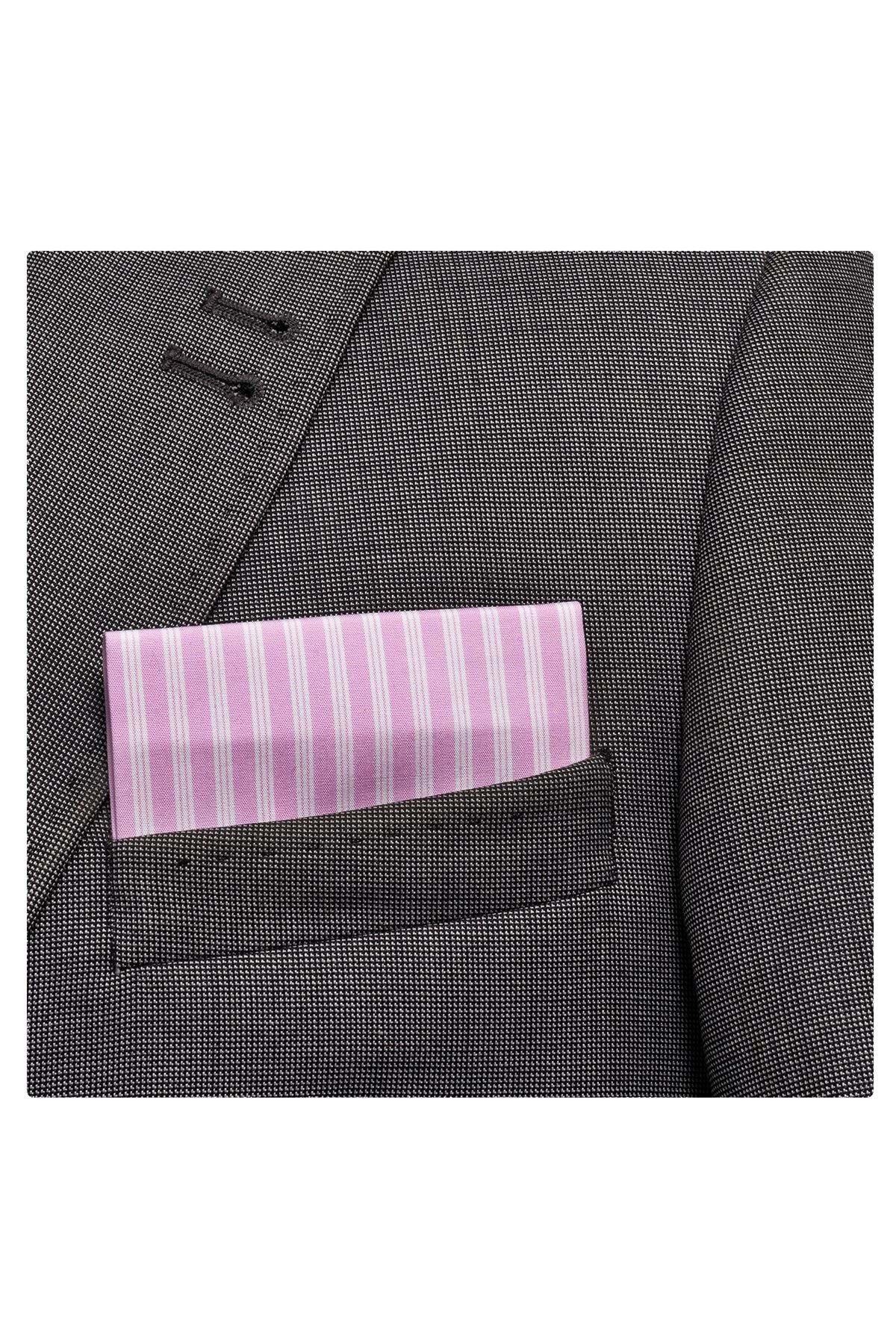 Exve Exclusive Pembe Beyaz Çizgili Katlanmış Kullanıma Hazır Cep Yaka Blazer Mendili