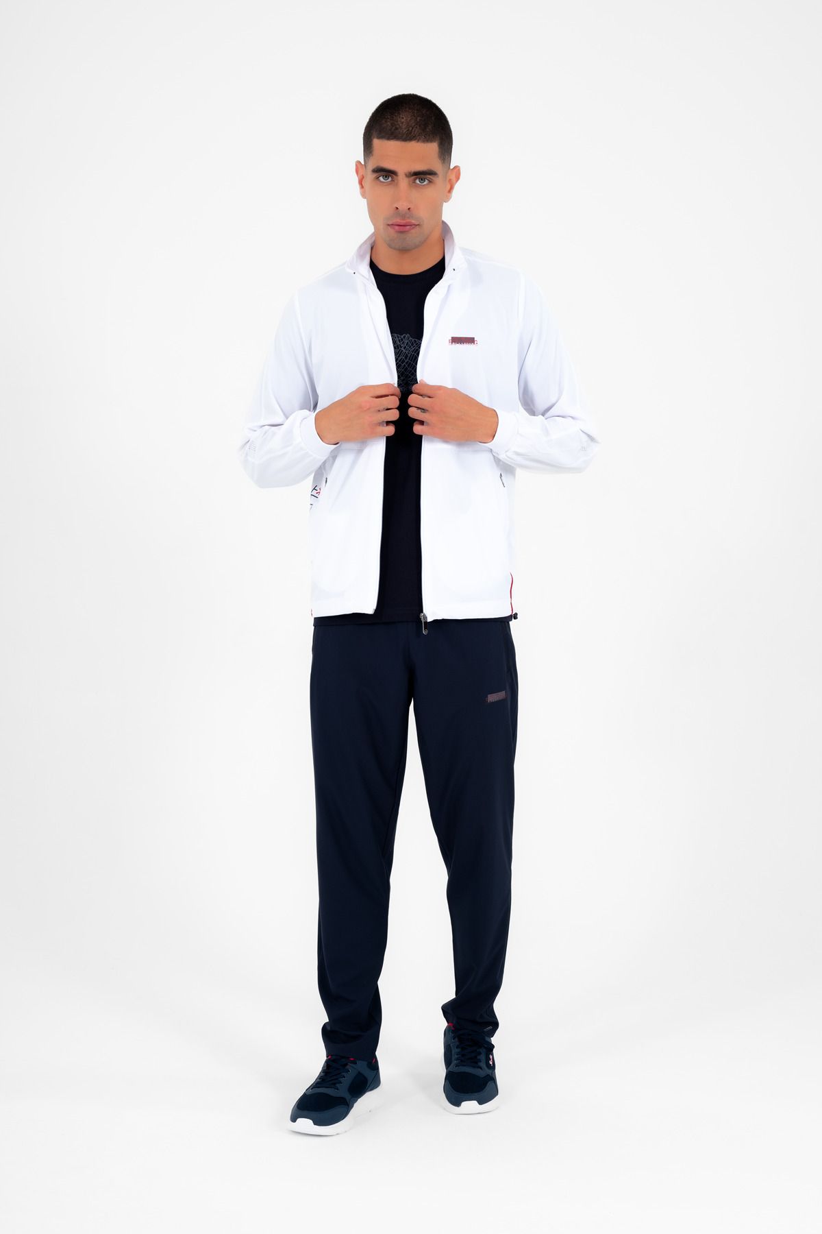 ست گرمکن ورزشی مردانه یقه عمودی سفید LYCRA BREATHABLE 4 جیب تابستان SLIMFIT TRACKSUIT تیم 69 Escetic
