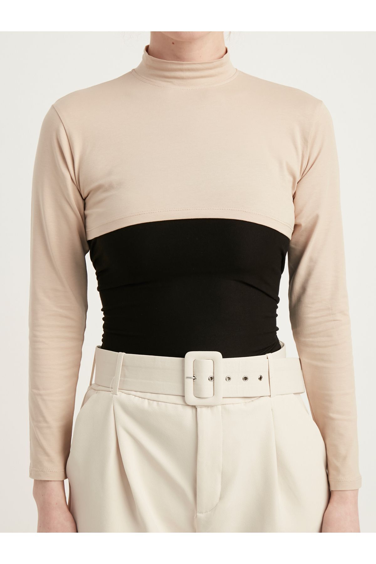 Long Sleeve Turtleneck Cotton Half Body - Beige