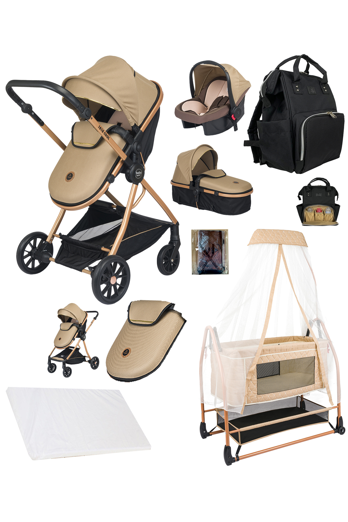 8 In 1 Full Set 1010 Qool Travel System Stroller 505 Mother Side Basket Crib