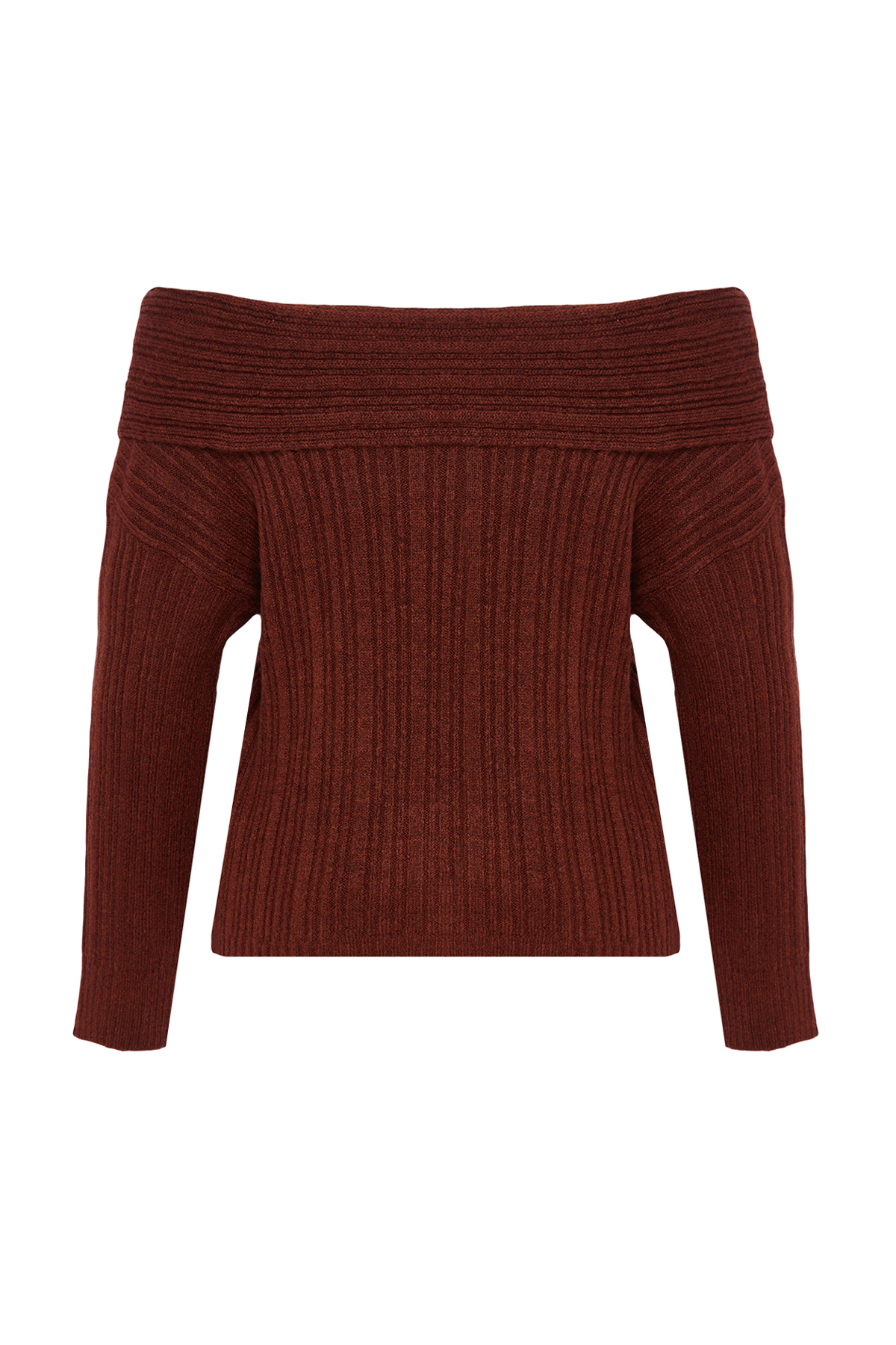 Trendyolmilla  Kahverengi Yumuşak Dokulu Carmen Yaka Triko Kazak TWOAW25KZ00076 - Görsel 8