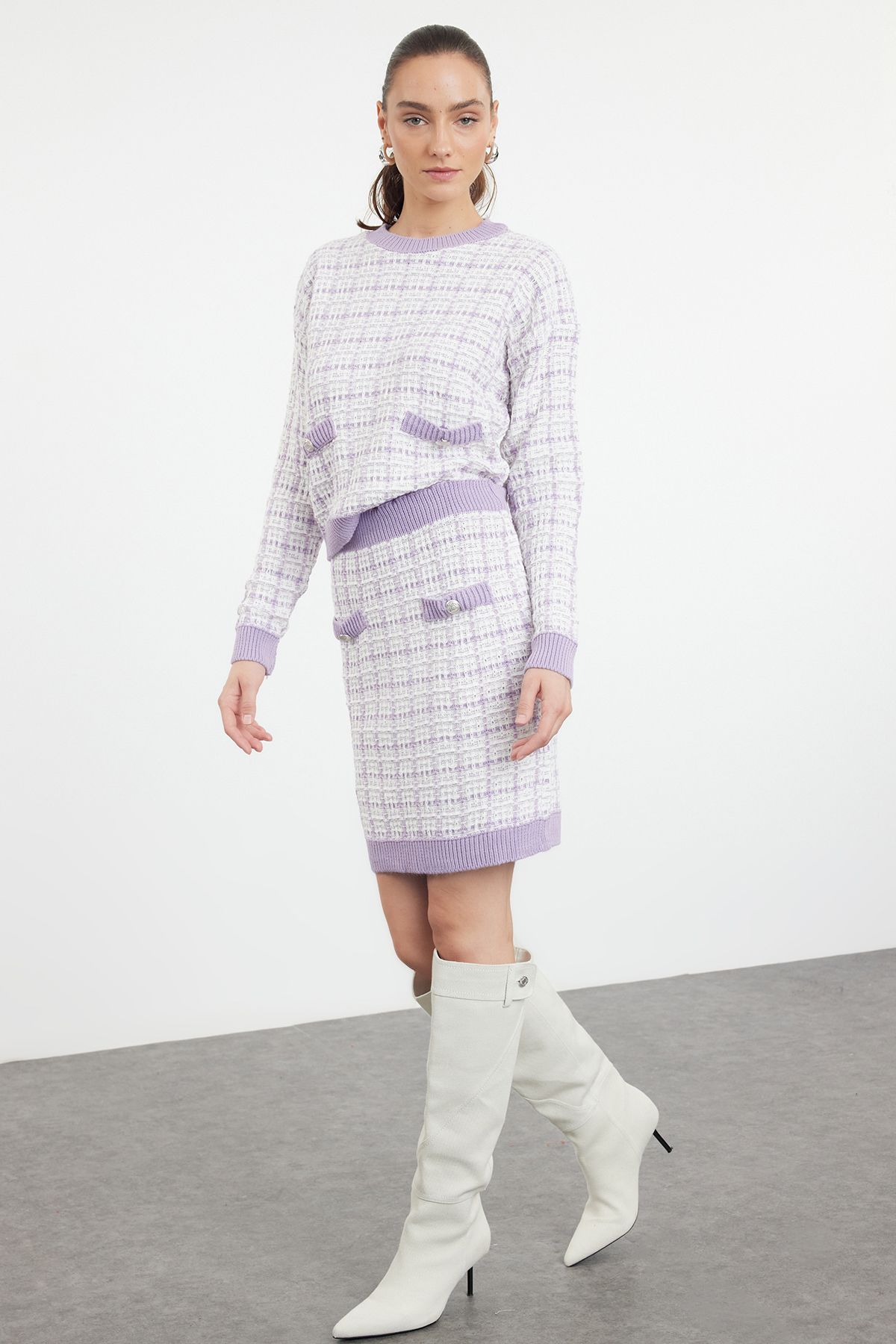 Trendyol Collection Komplet Dzianinowy Lilac Glittered Tweed - Dół I Góra Twoaw21au0003 Kobieta - S