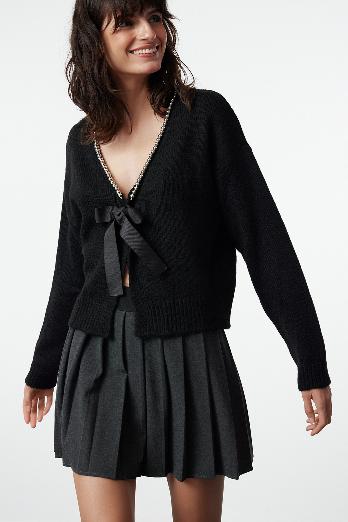 Trendyol Collection Miękki dzianinowy kardigan - wstążka i kokarda, czarny Twoaw25Hi00180