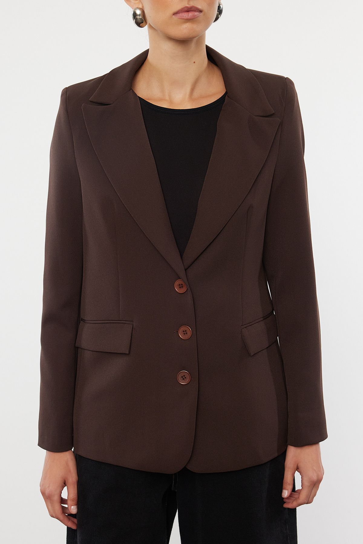 Trendyol Collection-Buttoned Dark Brown Blazer Jacket - Regular Lined, TWOAW22CE0168 3