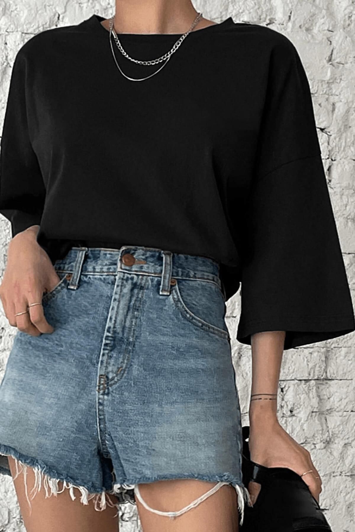 Siyah Basic Düz Baskısız Oversize Salas Boyfriend Kadın T-shirt
