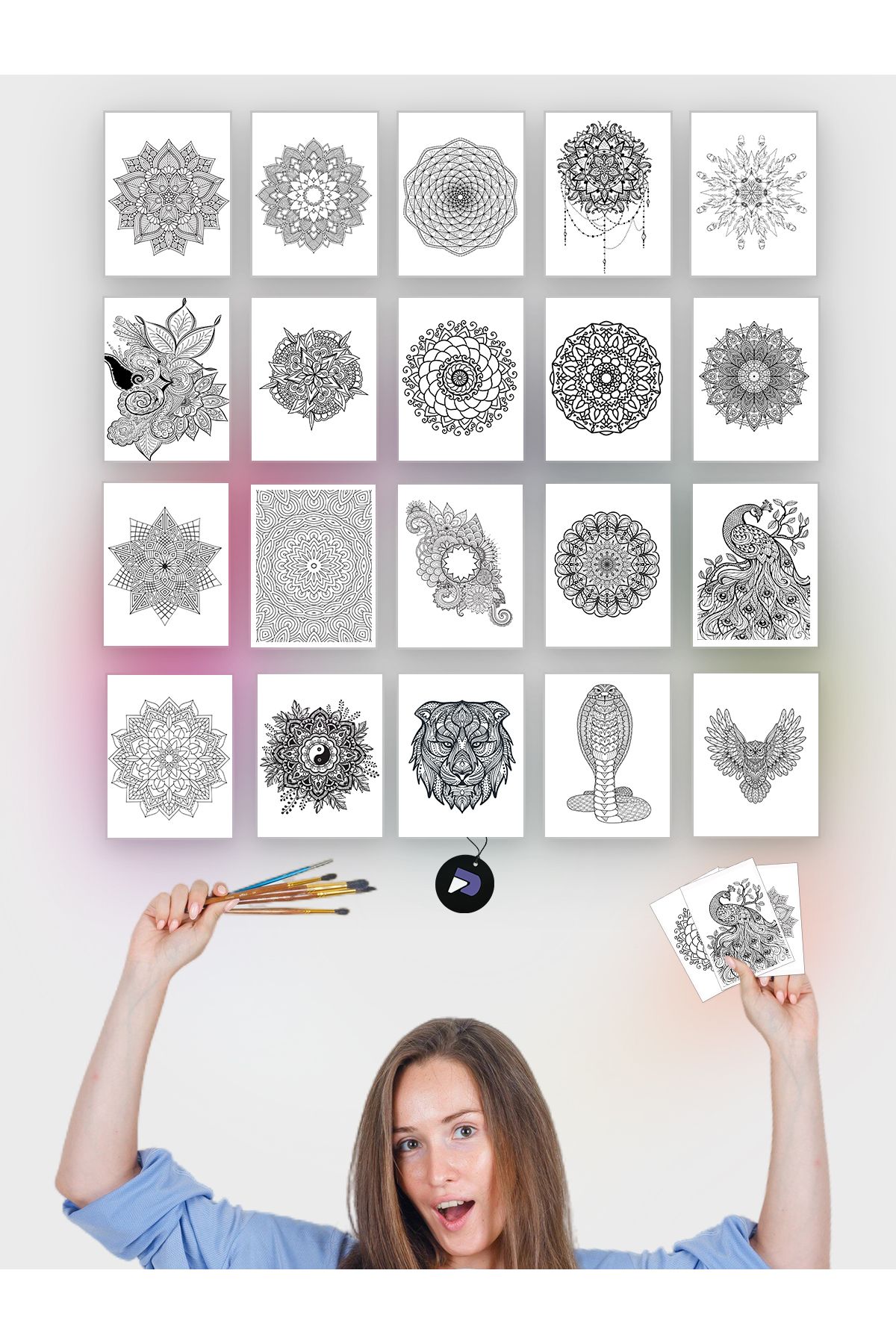 Postermanya 20'li Mandala Boyama Kartları, Yetişkinler İçin Mandala, Büyükler İçin Boyama Seti, Sanatsal Hediye