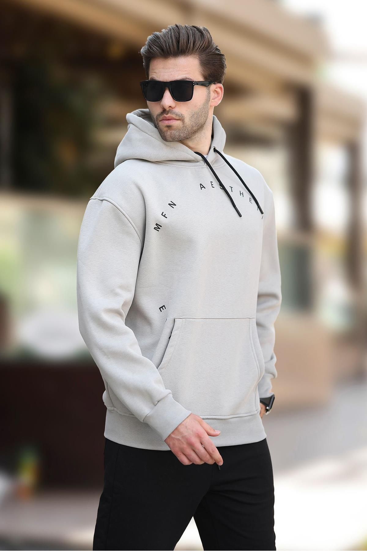 سویشرت مردانه سرپوش خاکستری رنگ شده با جزئیات جیب و گلدوزی