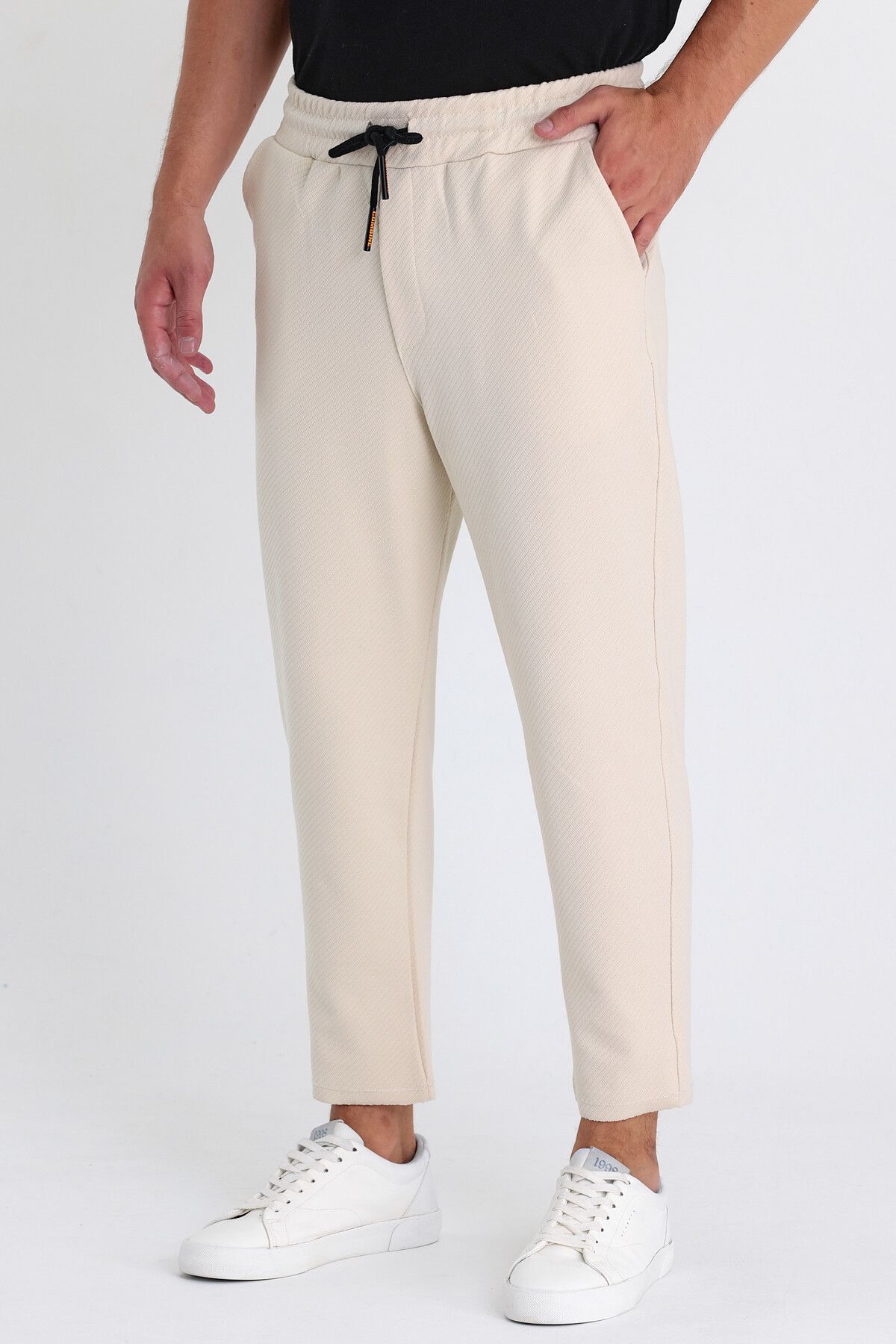 COMBİNE MİCHAİL-Ottoman Patterned Men's Jogger Pants - Cotton, Elastic Waist and Drawstring CREAM 7