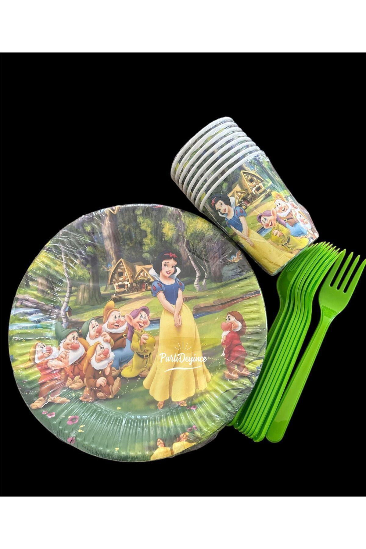 partideyince Pamuk Prenses Ve Yedi Cüceler Tabak Bardak Çatal Set 8 Kişilik