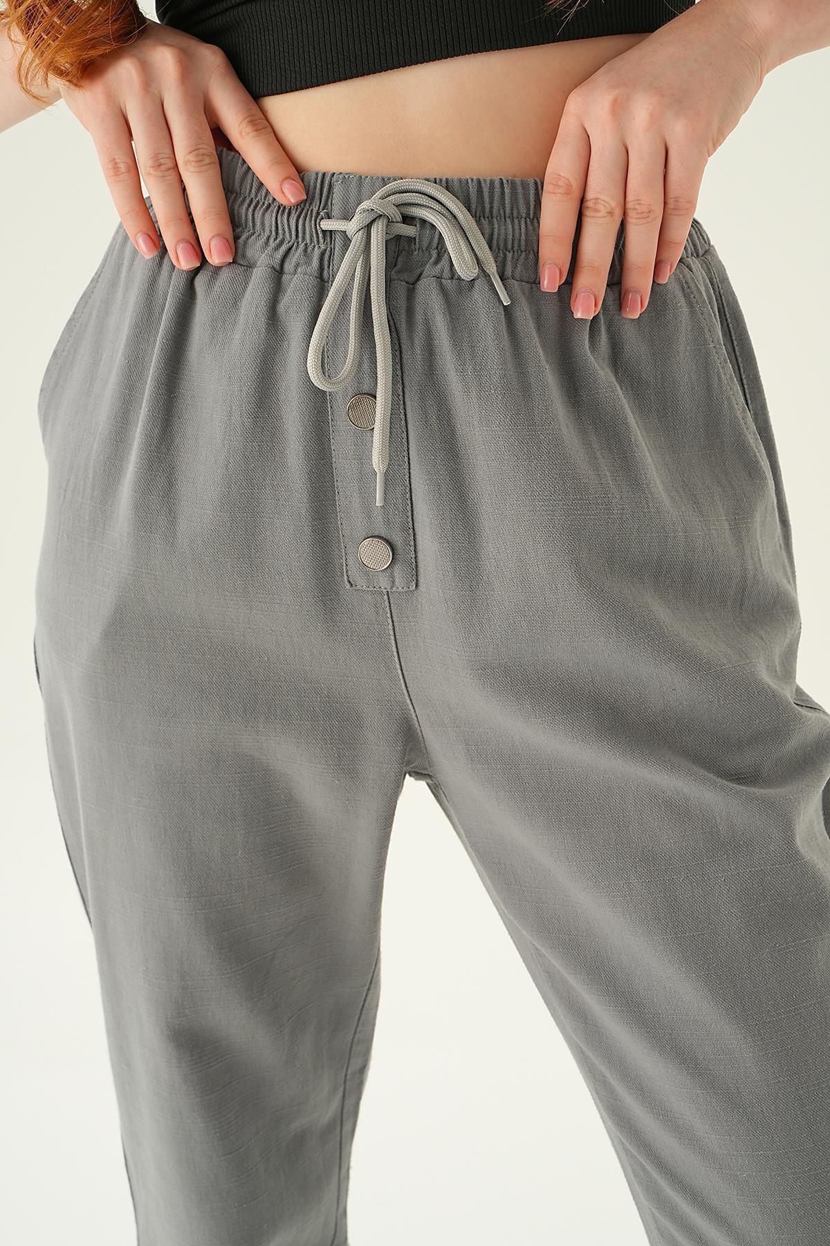 Rays-4095A MoDel - GrAy LAce-up Button DetAileD Trousers 6