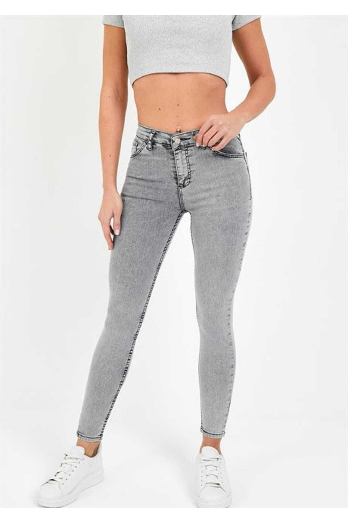 geenz manifacture  Kadın Kar Yıkama Gri Yüksek Bel Dar Paça Skinny Likralı Kot Pantalon - Görsel 2