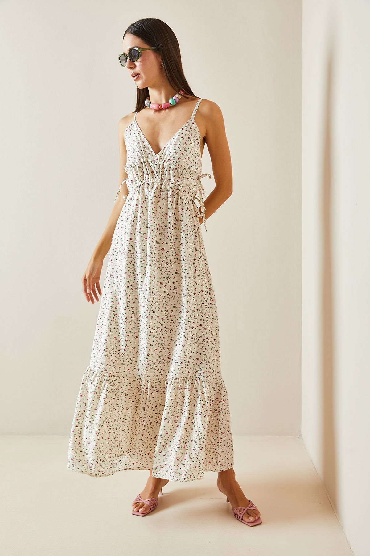 XHAN-Ecru Thin Strap Patterned Maxi Dress 5Yxk6-48877-52 4