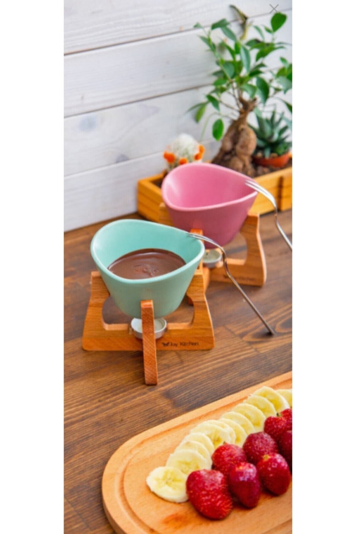 melik's Seramik Fondü Seti Kafe Tipi Fondü Takımı Pembe Yeşil Renk 2li Fondü