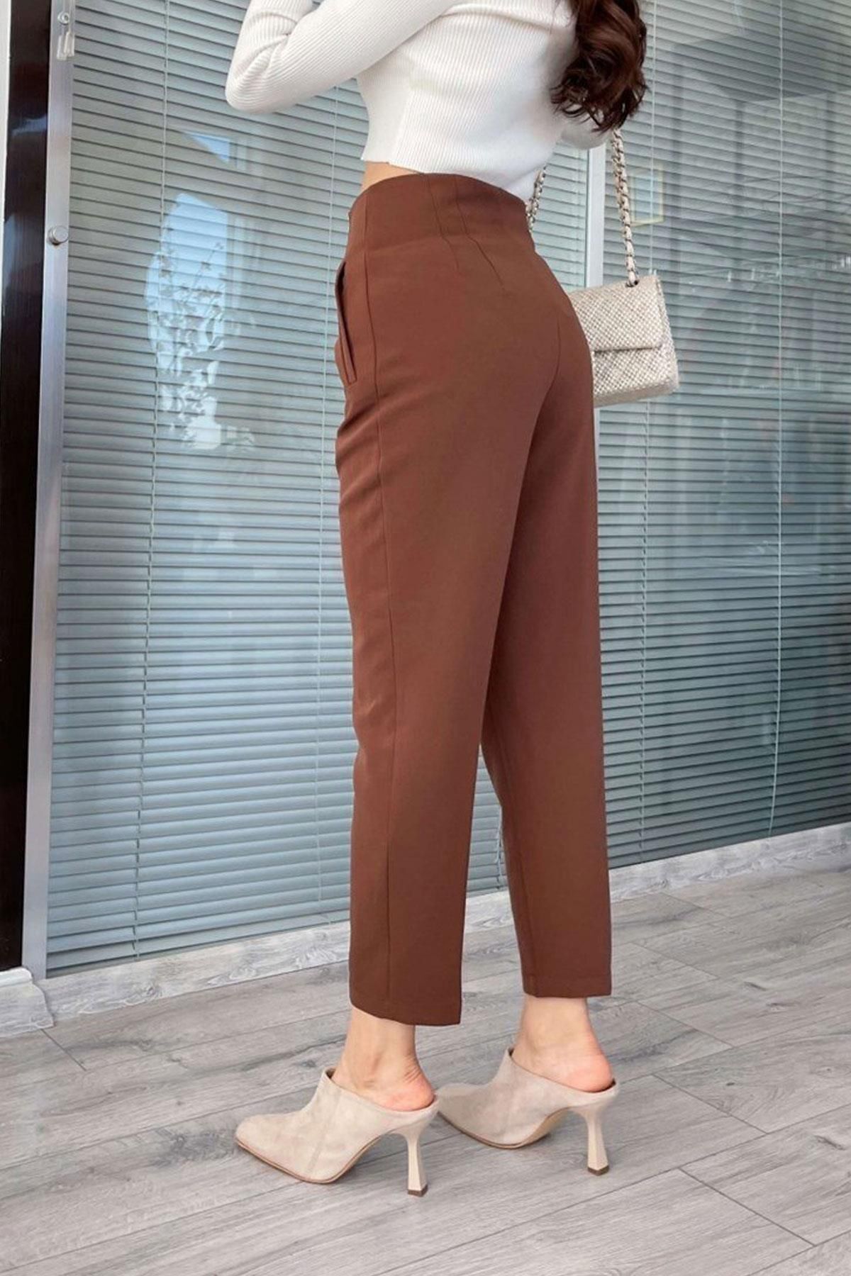 SU SHE Ženske pantalone od tkanine u obliku mrkve sa visokim strukom - smeđe