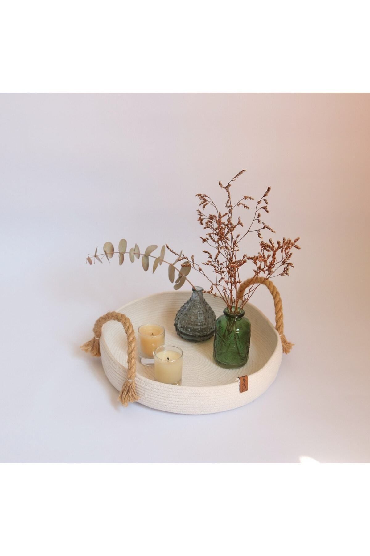CraftNest-Ecru Wicker Handle Basket / Elegan Elegance for Decorative Objects / Table Decoration / Handmade Tray 8
