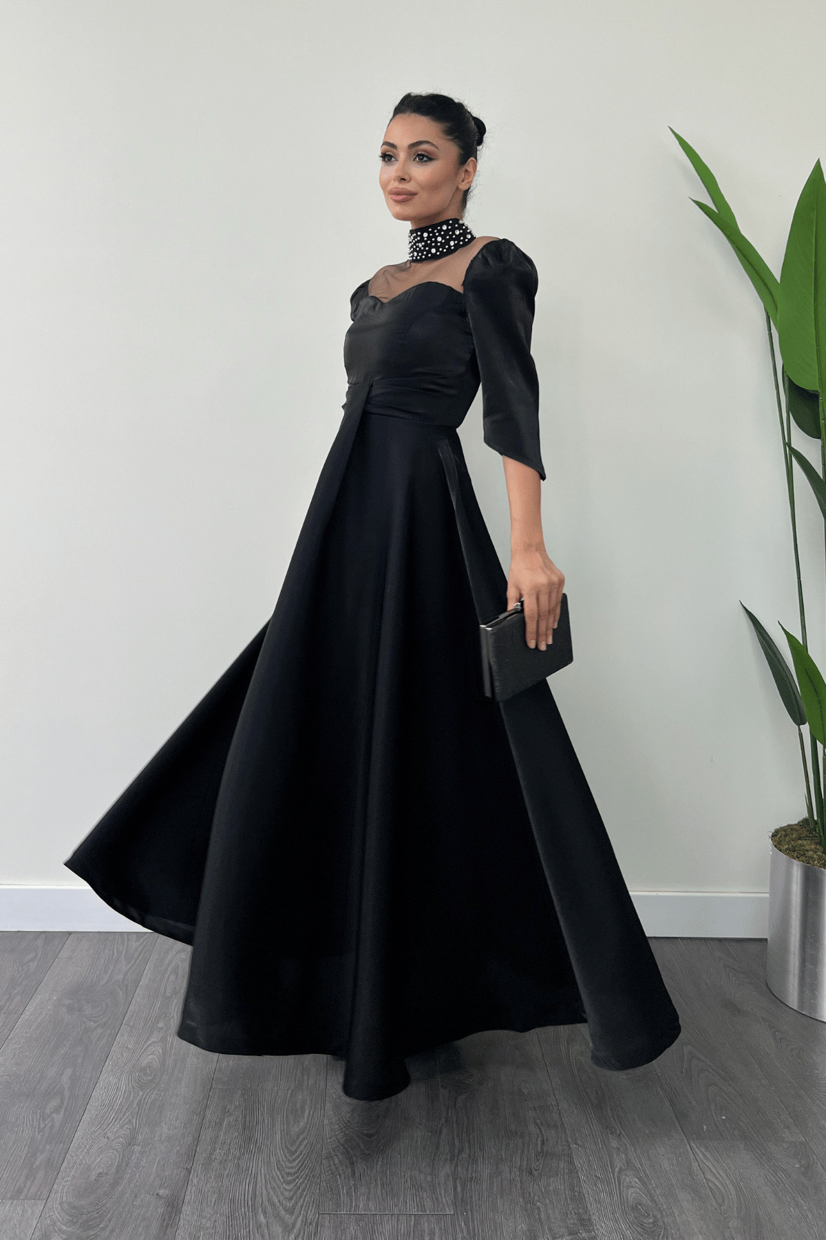 giyimmasal Taffeta Satin Fabric Design Midi Dress - BLACK- Trendyol