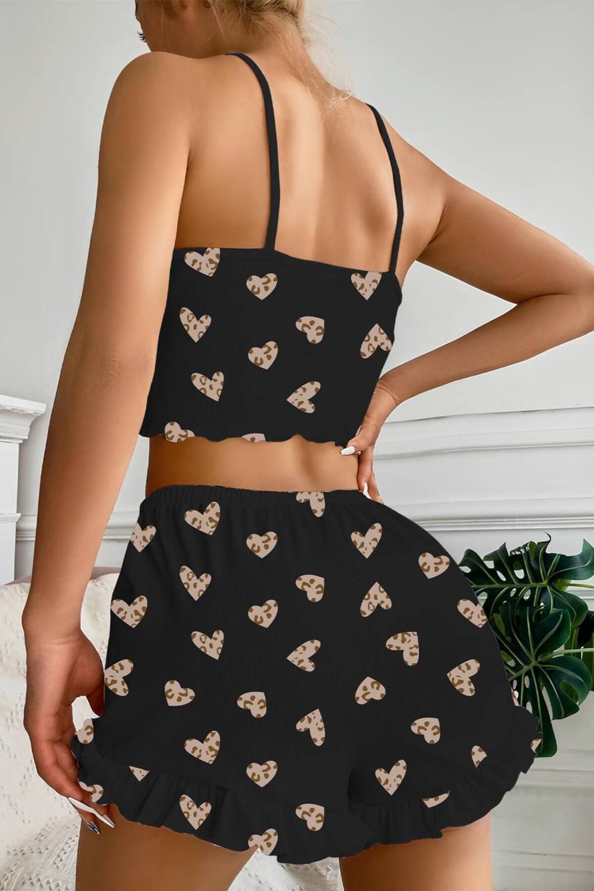 AURA-Ribbed Strap Pajama Set with Mini Shorts - Black Yellow Heart Camisole 2