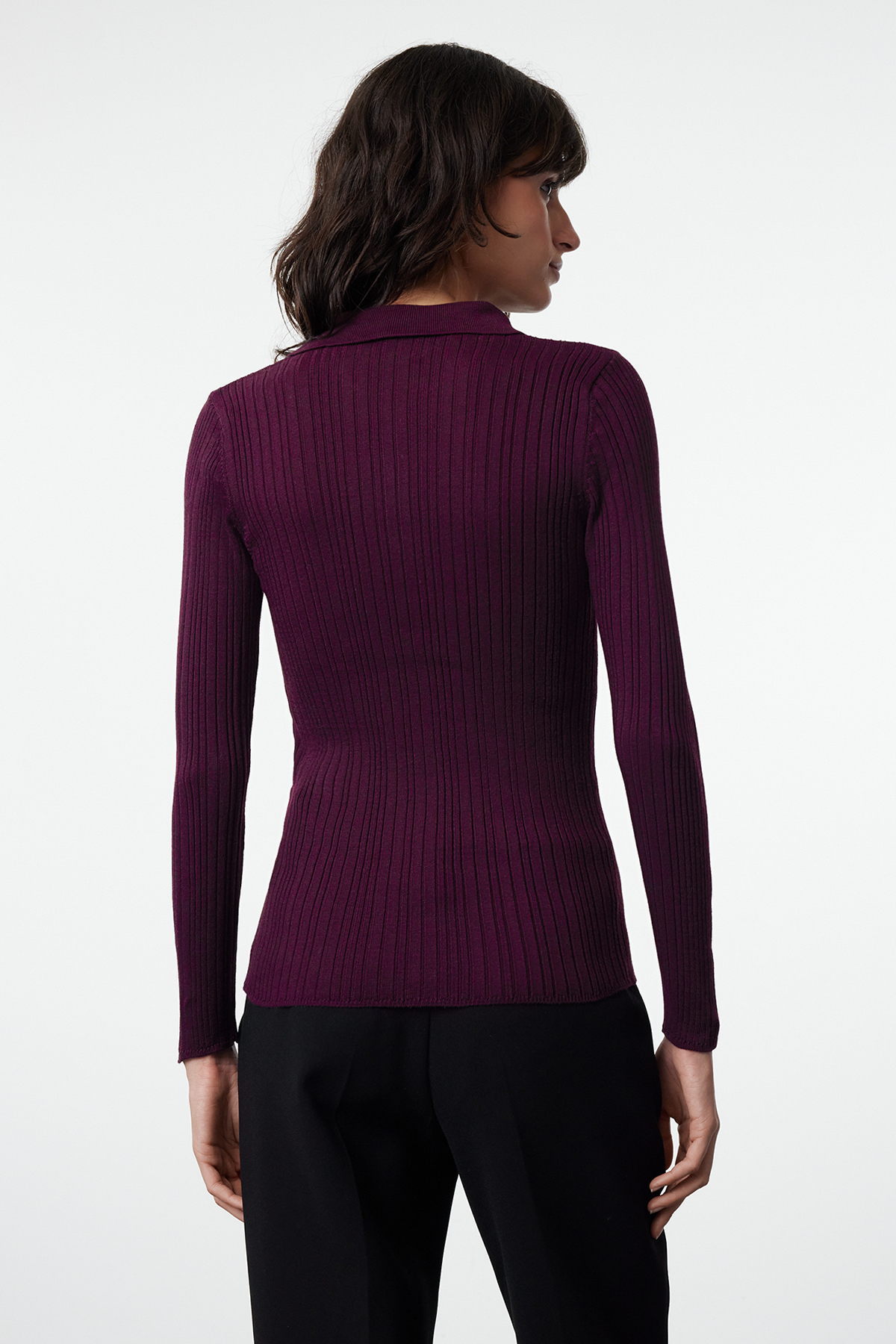 Trendyolmilla  Mürdüm Merserize Görünümlü Fitilli Polo Yaka Triko Body Hırka TWOAW20HI0070 - Görsel 5