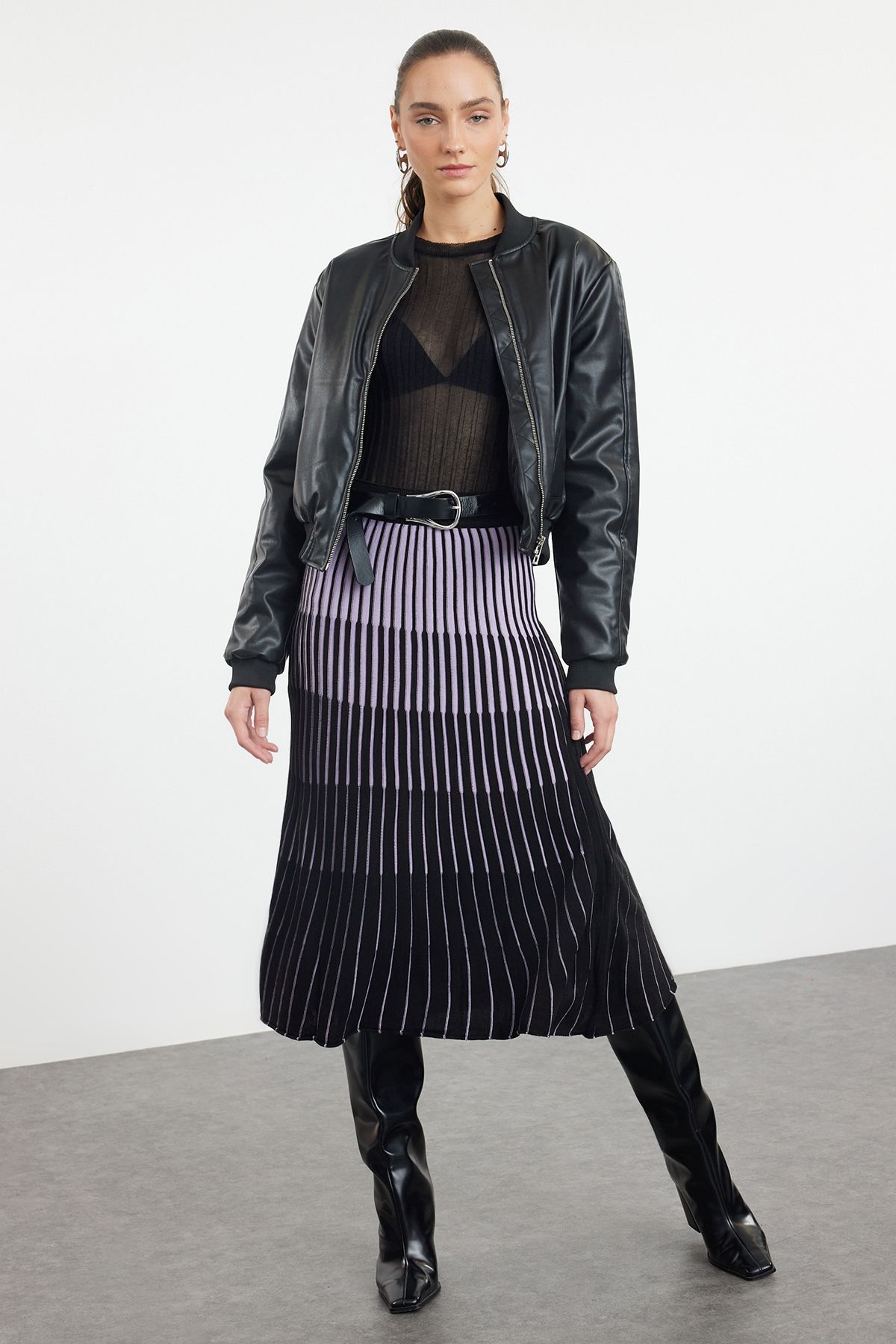 Trendyol Collection Liliowa Spódnica Midi We Wzorzyste Bloki - Kobieta - M