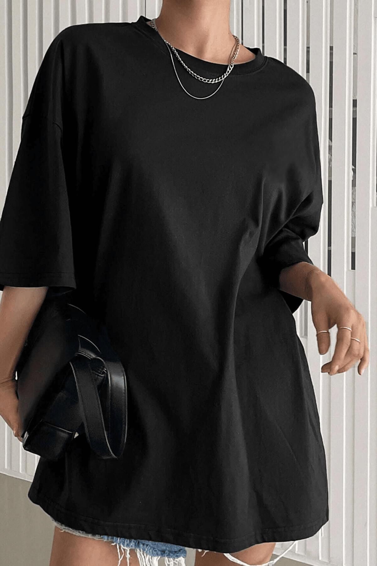 Siyah Basic Düz Baskısız Oversize Salas Boyfriend Kadın T-shirt