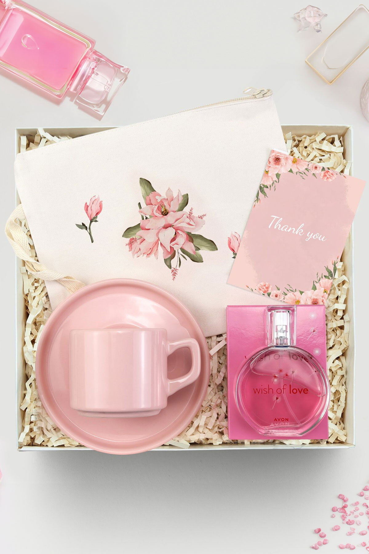 Trendmiya Bez Çanta & Pembe Fincan & Wish of Love Parfüm Hediye Seti