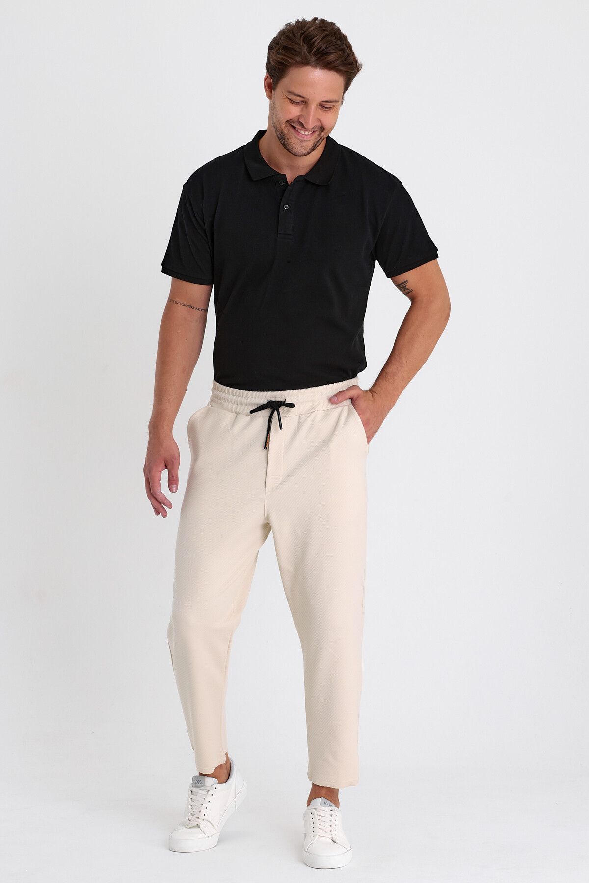 COMBİNE MİCHAİL-Ottoman Patterned Men's Jogger Pants - Cotton, Elastic Waist and Drawstring CREAM 4