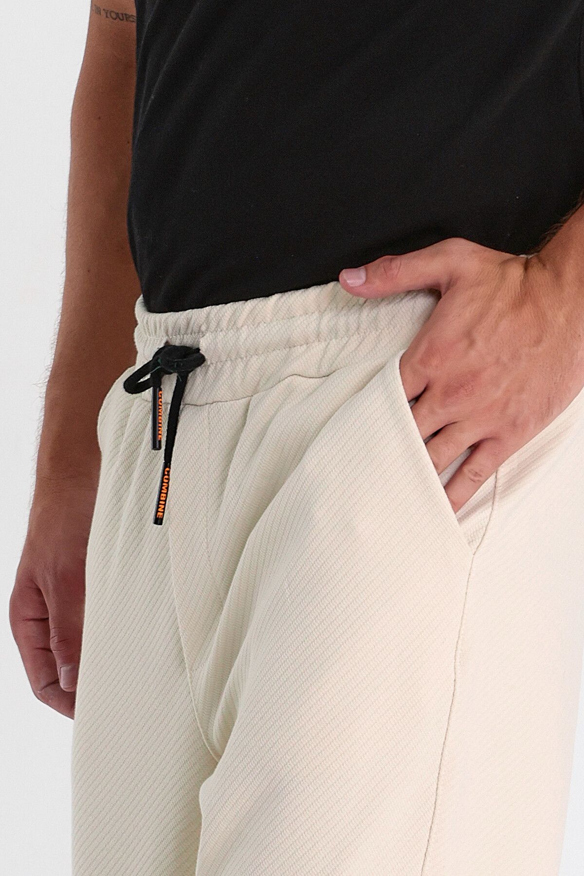 COMBİNE MİCHAİL-Ottoman Patterned Men's Jogger Pants - Cotton, Elastic Waist and Drawstring CREAM 3
