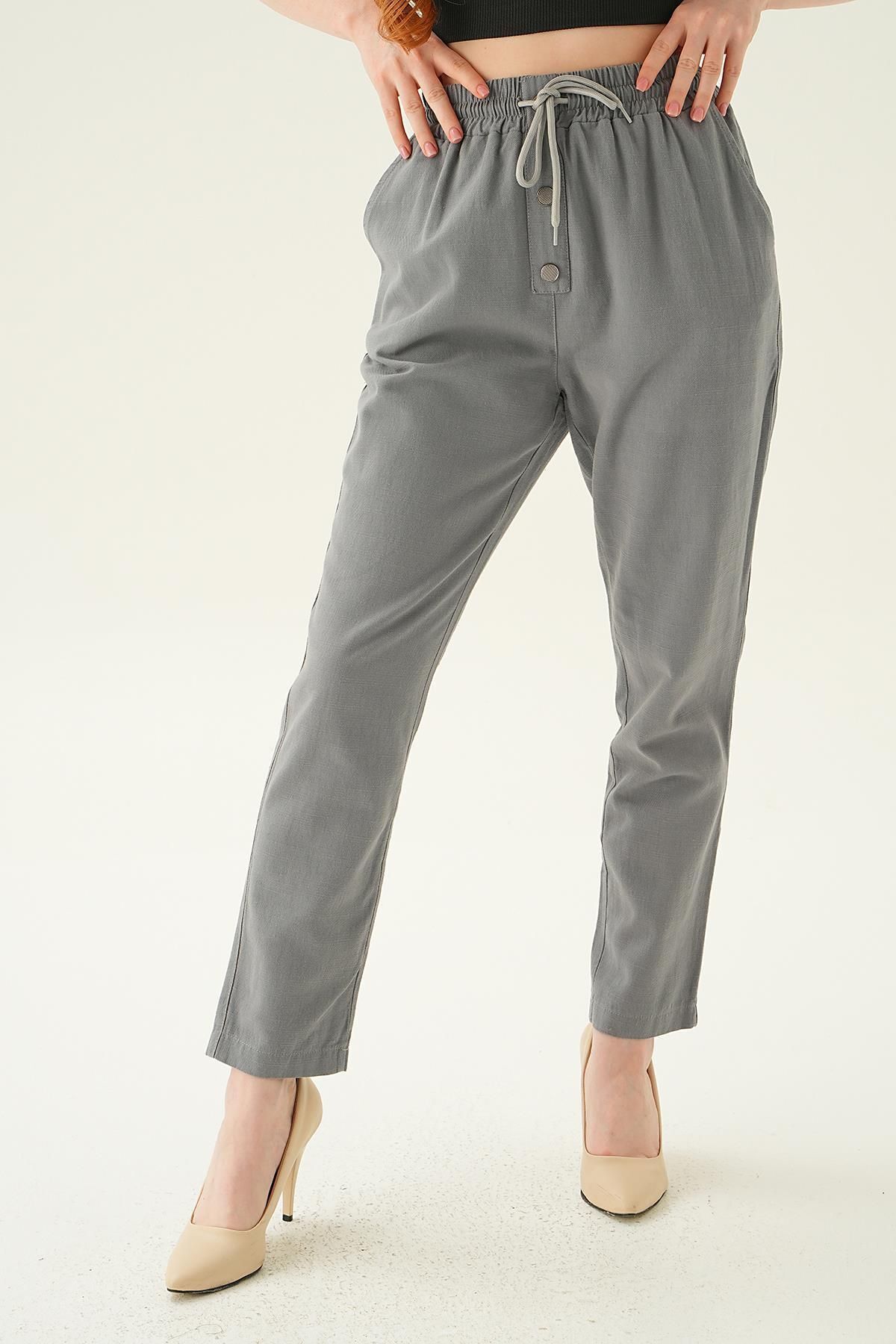 Rays-4095A MoDel - GrAy LAce-up Button DetAileD Trousers 2