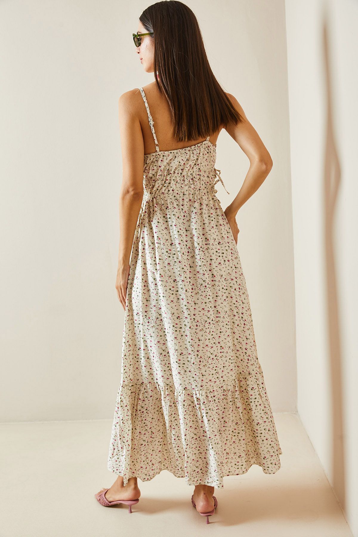 XHAN-Ecru Thin Strap Patterned Maxi Dress 5Yxk6-48877-52 7