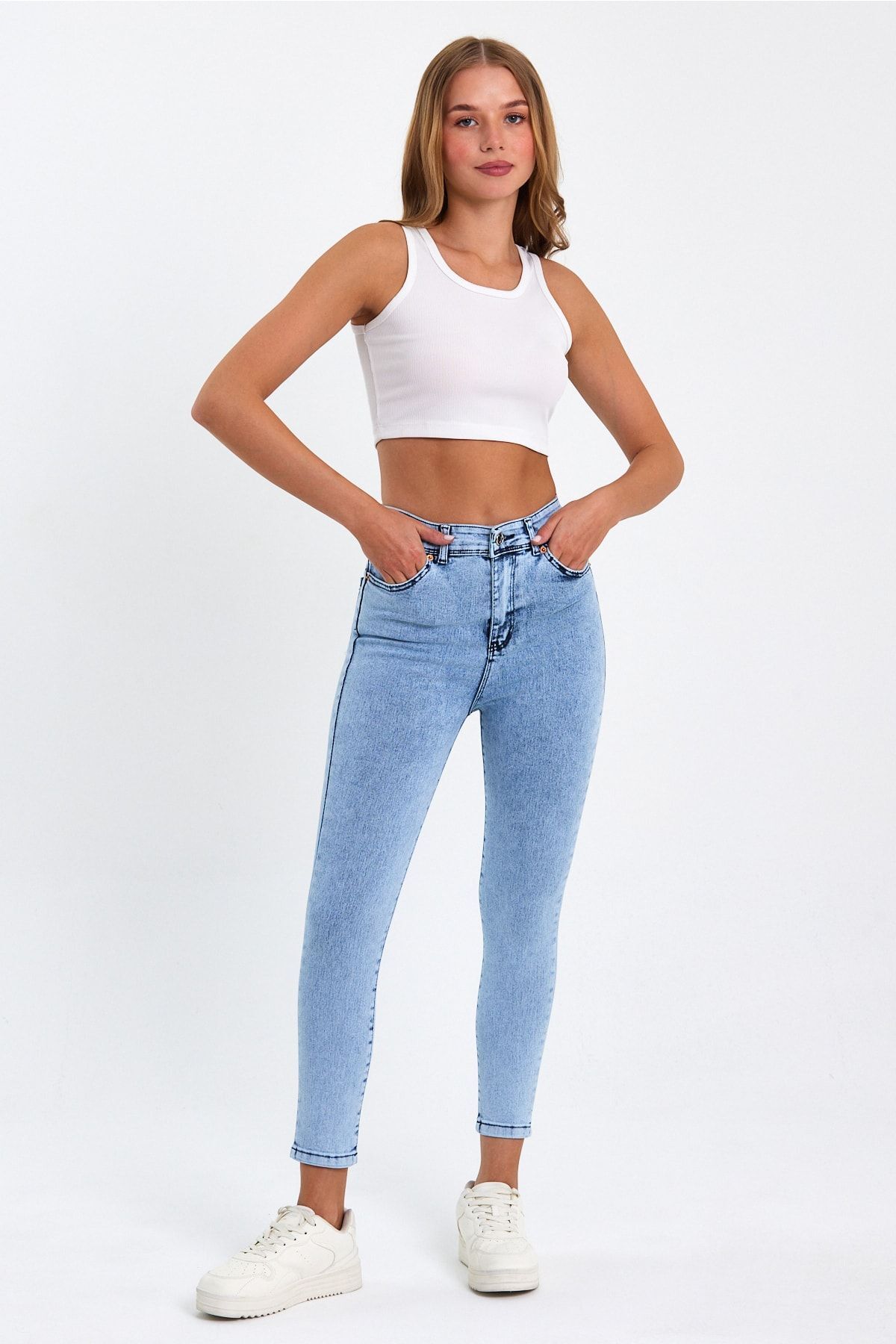 geenz manifacture Snow Baby Kar Yıkama Açık Kar Mavi Yüksek Bel Dar Paça Skinny Likralı Kot Pantalon görsel 2