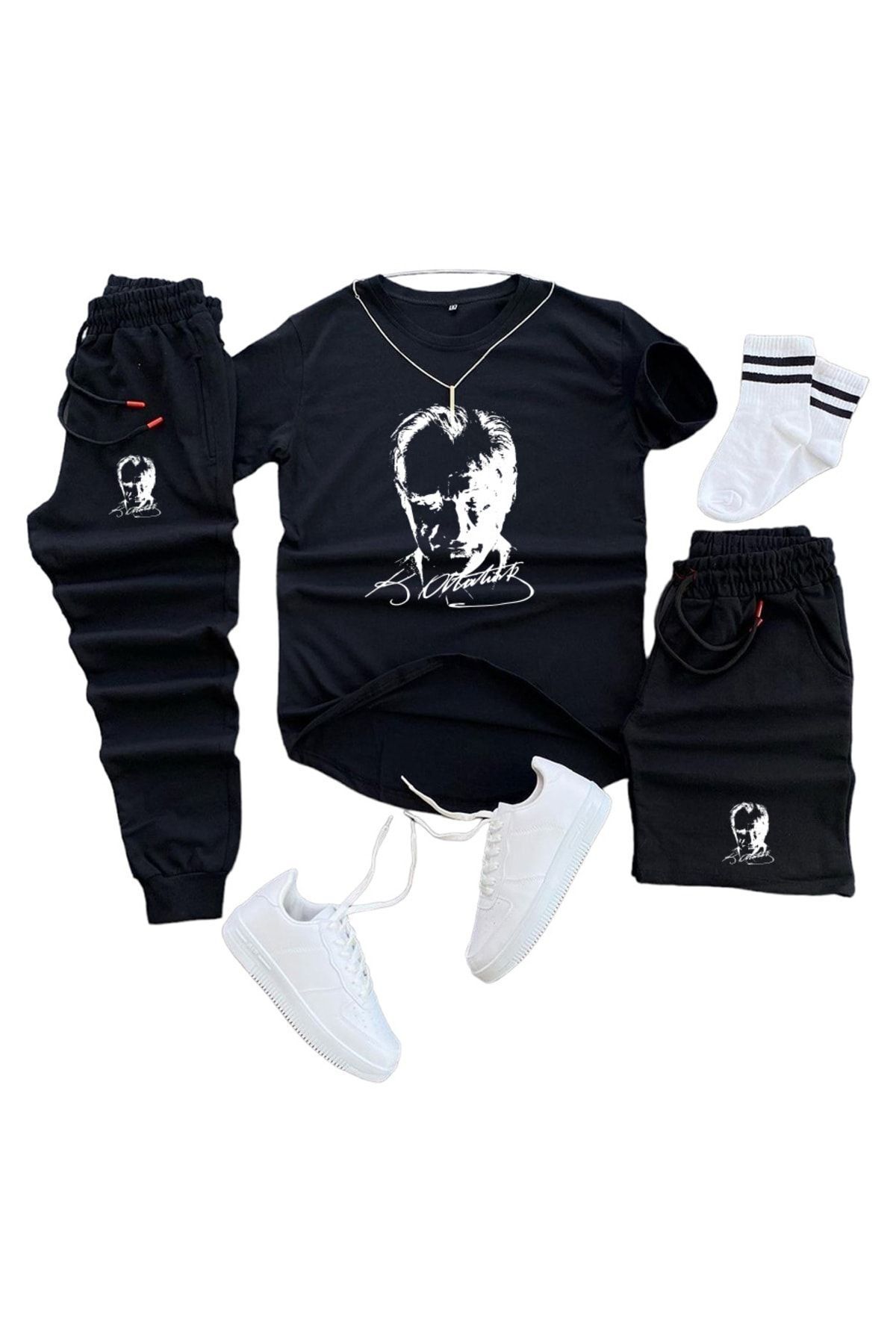 YOHO SPORT Set De Vară Unisex Cu Imprimeu Ataturk - Pantaloni Scurți, Tricou, Pantaloni De Trening Set Combinat 3 Piese Unisex - S
