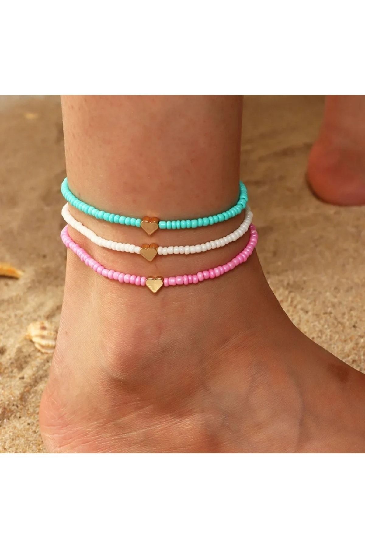 monalisatoka Kadın 3'lü Boncuk Gold Kalp Halhal Seti