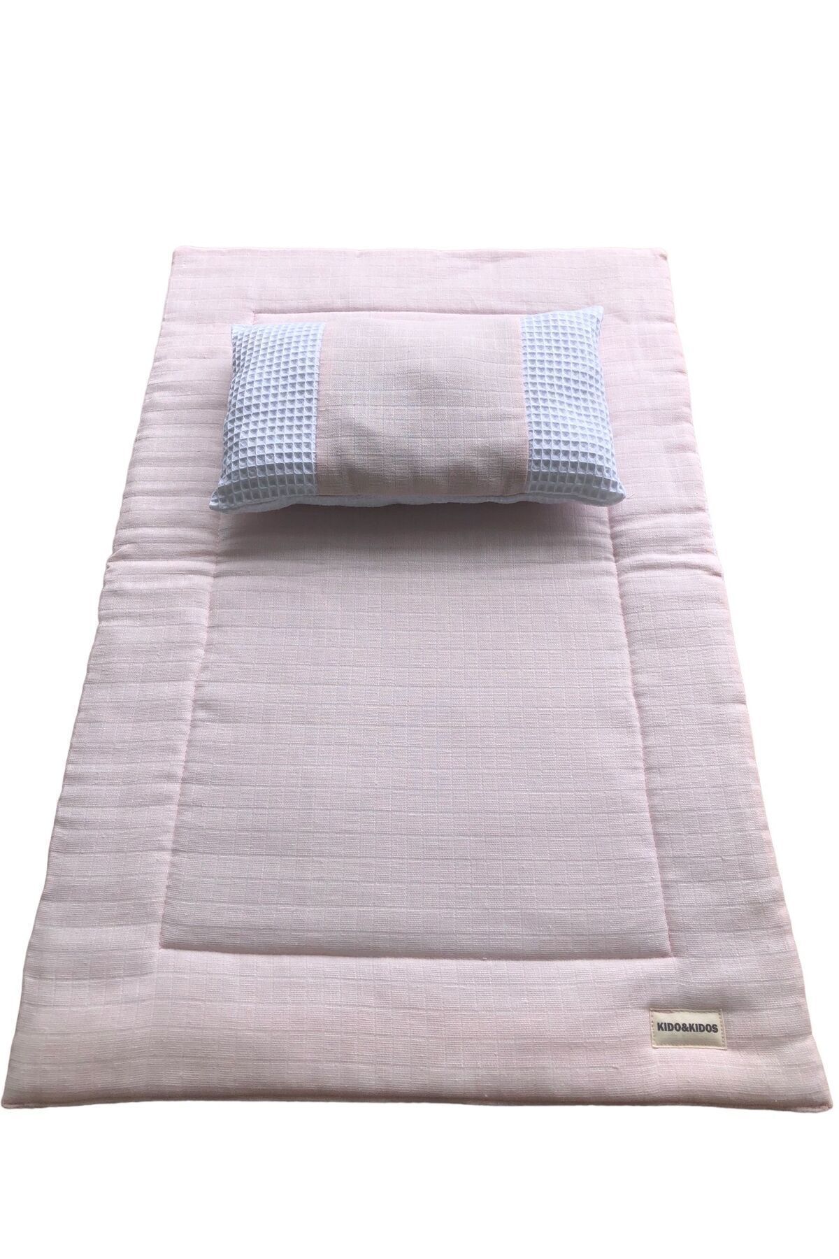 Bebek Pembe Müslin-beyaz Waffle Pike 70x45 Cm Elyaf Dolgulu Alt Açma Minderi Ve Yastığı
