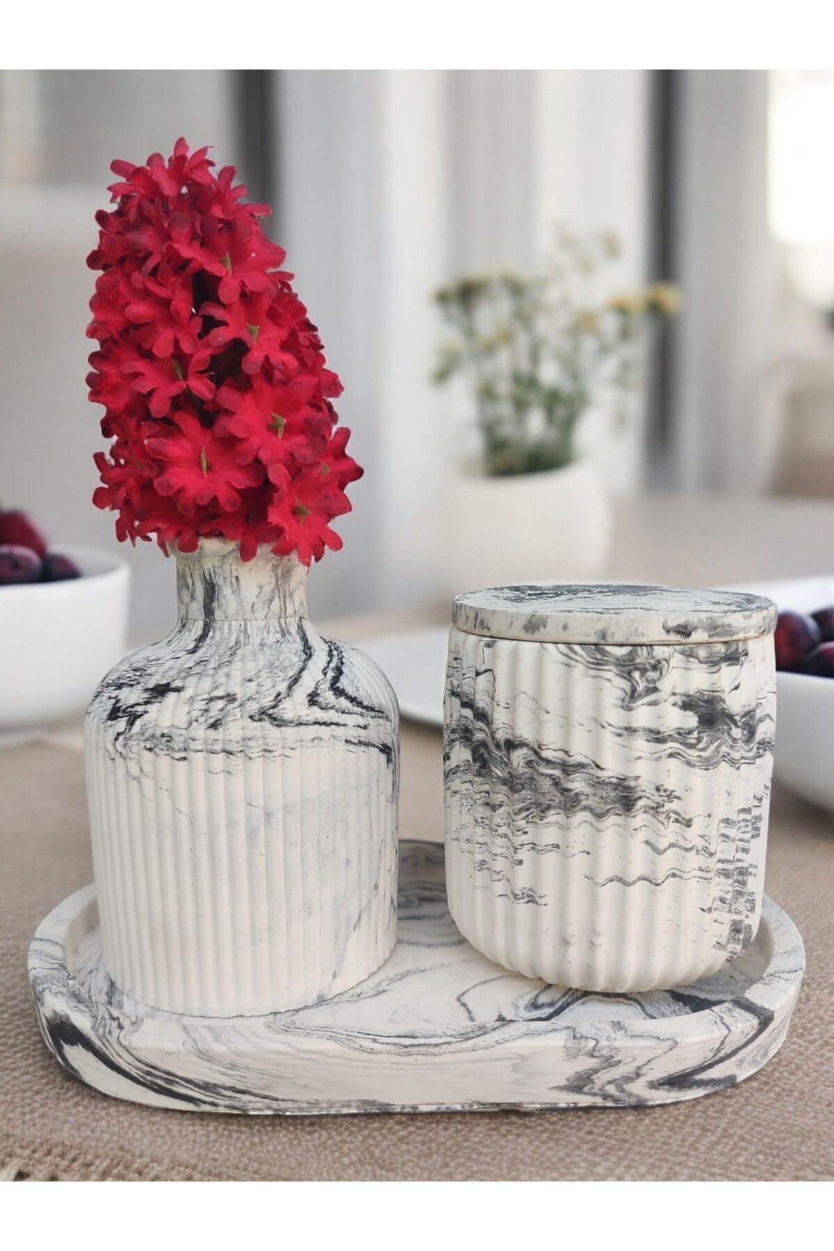 DECORATIVE EBRU PATTERNED VASE AND BOX SET WITH FLAT TRAY – MİNİMAL ACCESSORY VASE AND PEN HOLDER SET