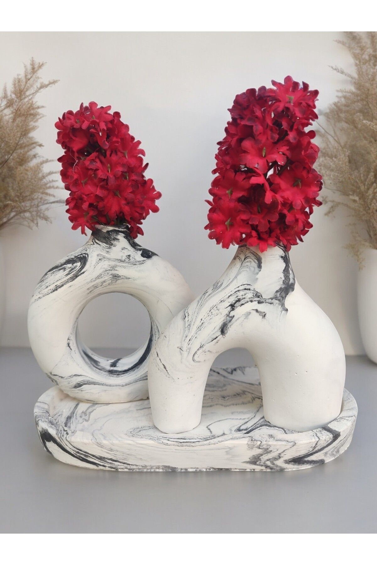 DECORATIVE EBRU DESIGN VASE SET WITH FLAT TRAY – SPECIAL DESIGN MİNİMAL ACCESSORY SET