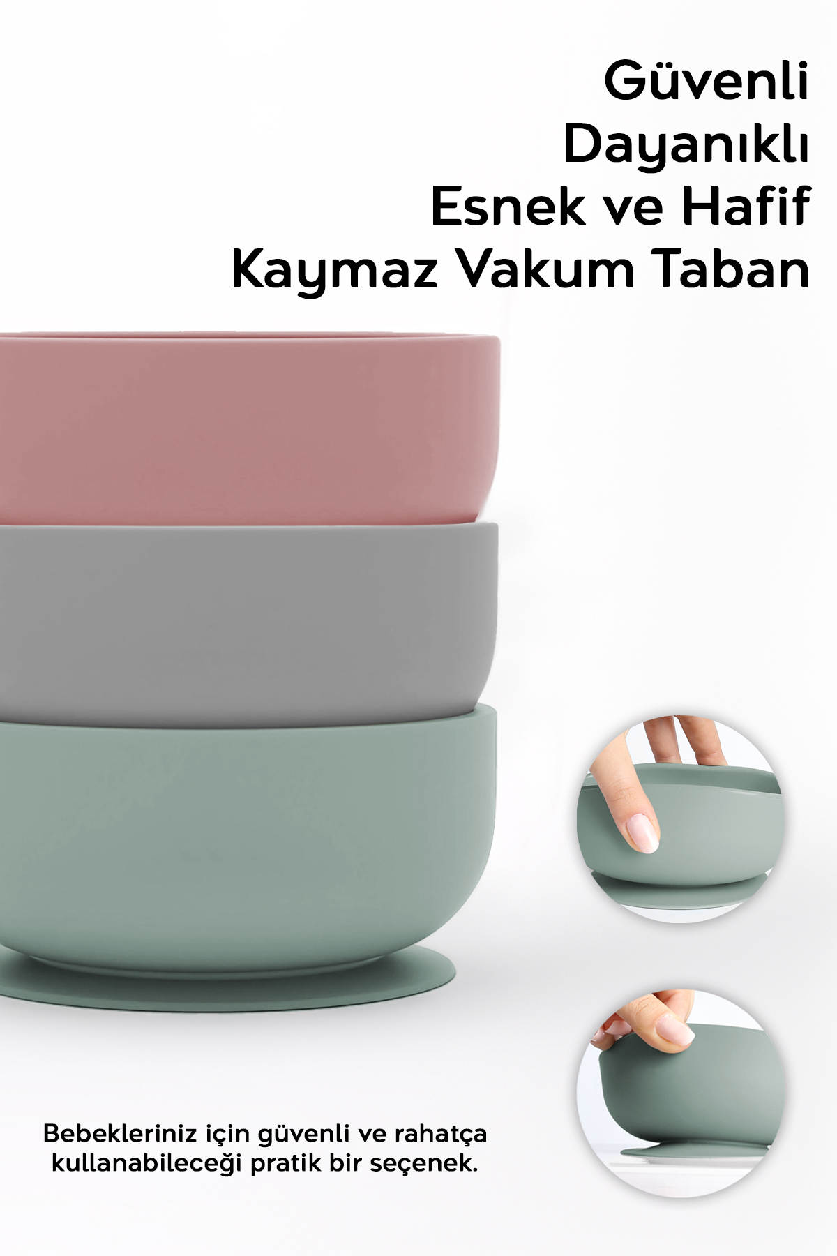 Meleni Baby 3'lü Silikon Vakumlu Bebek Mama Kasesi Seti - Vakum Tabanlı Set Kase - Gri-Yeşil-Pembe fotoğrafı 2 (önizleme)