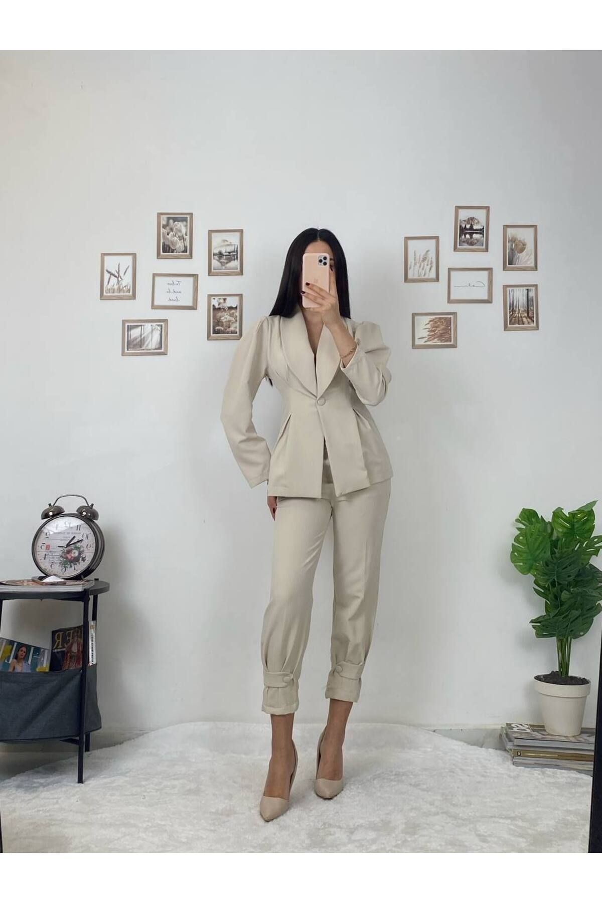 comstar-Pantaloni cu nasturi pentru femei, jachetă crem, set dublu 2