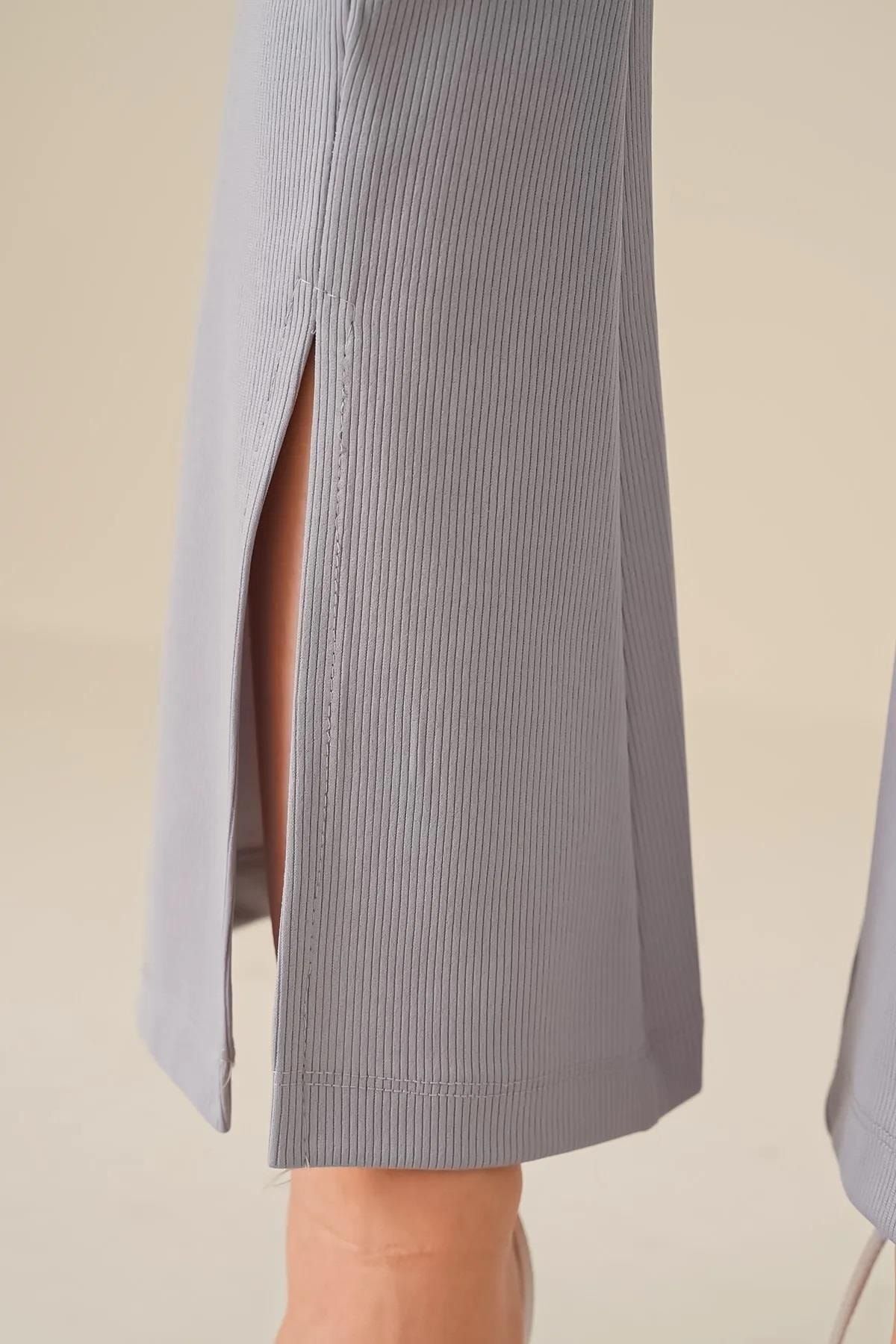comstar-Pantaloni evazați gri cu fante cu dungi de damă 3