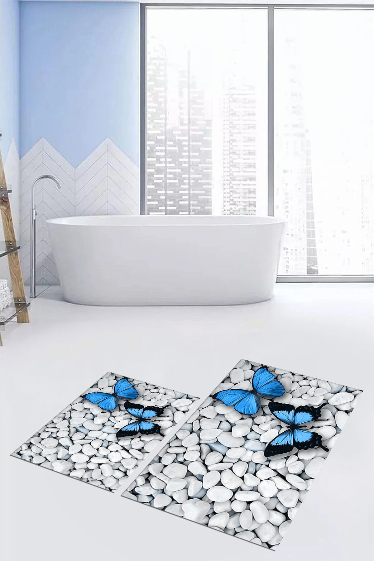 EY HOME-Set de scaune de toaletă cu model de fluturi 3D, lavabil, ștergabil, dublu, covor de baie, KLOZET-45-ALBASTRU, 6