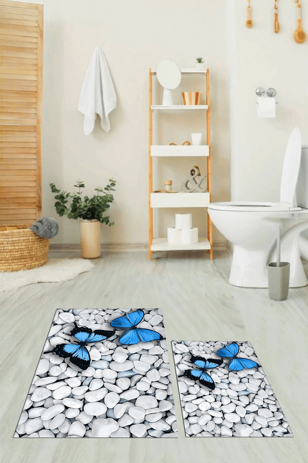 EY HOME-Set de scaune de toaletă cu model de fluturi 3D, lavabil, ștergabil, dublu, covor de baie, KLOZET-45-ALBASTRU, 8
